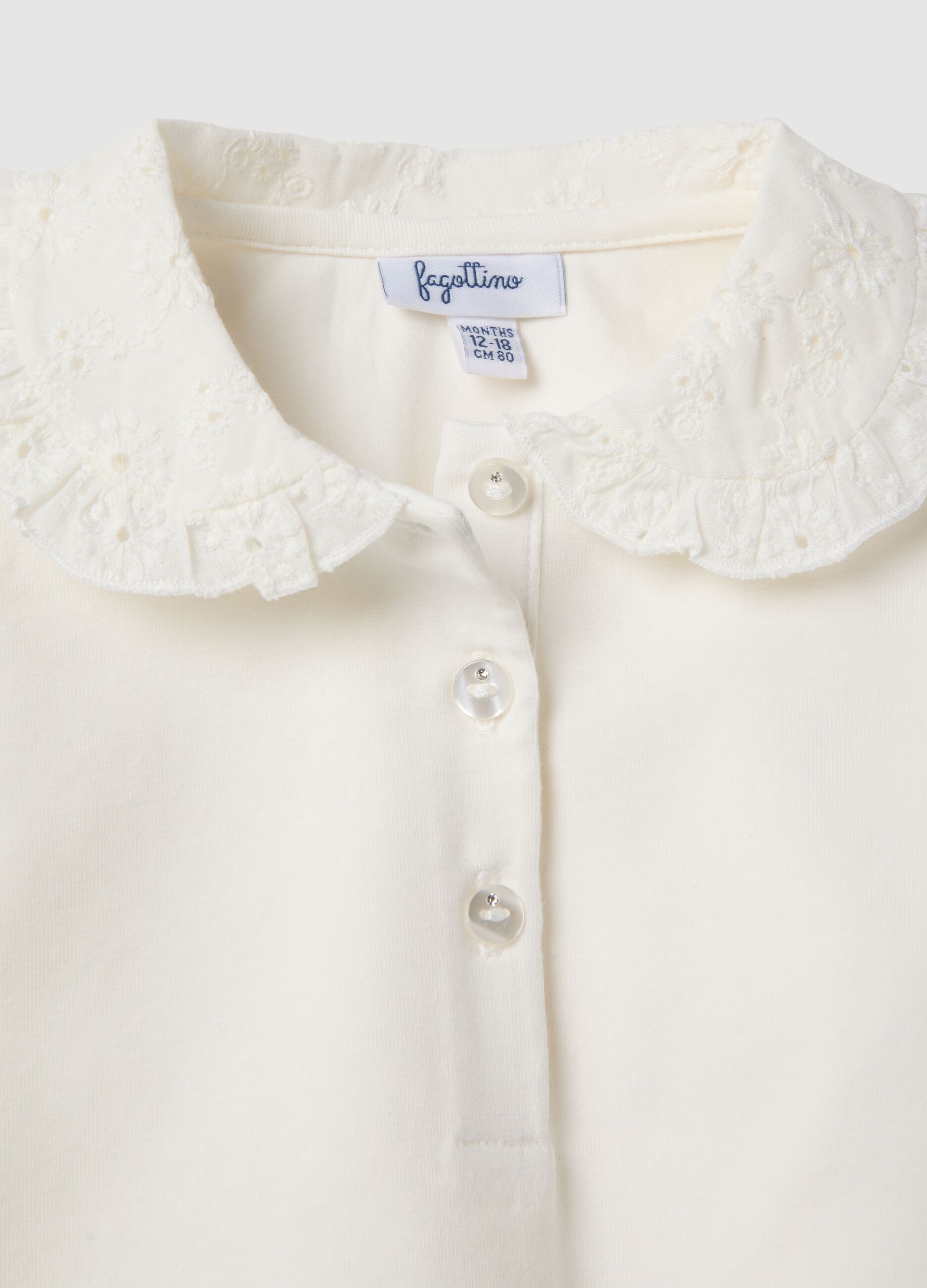 Girl's regular fit white cotton blend polo with lace collar