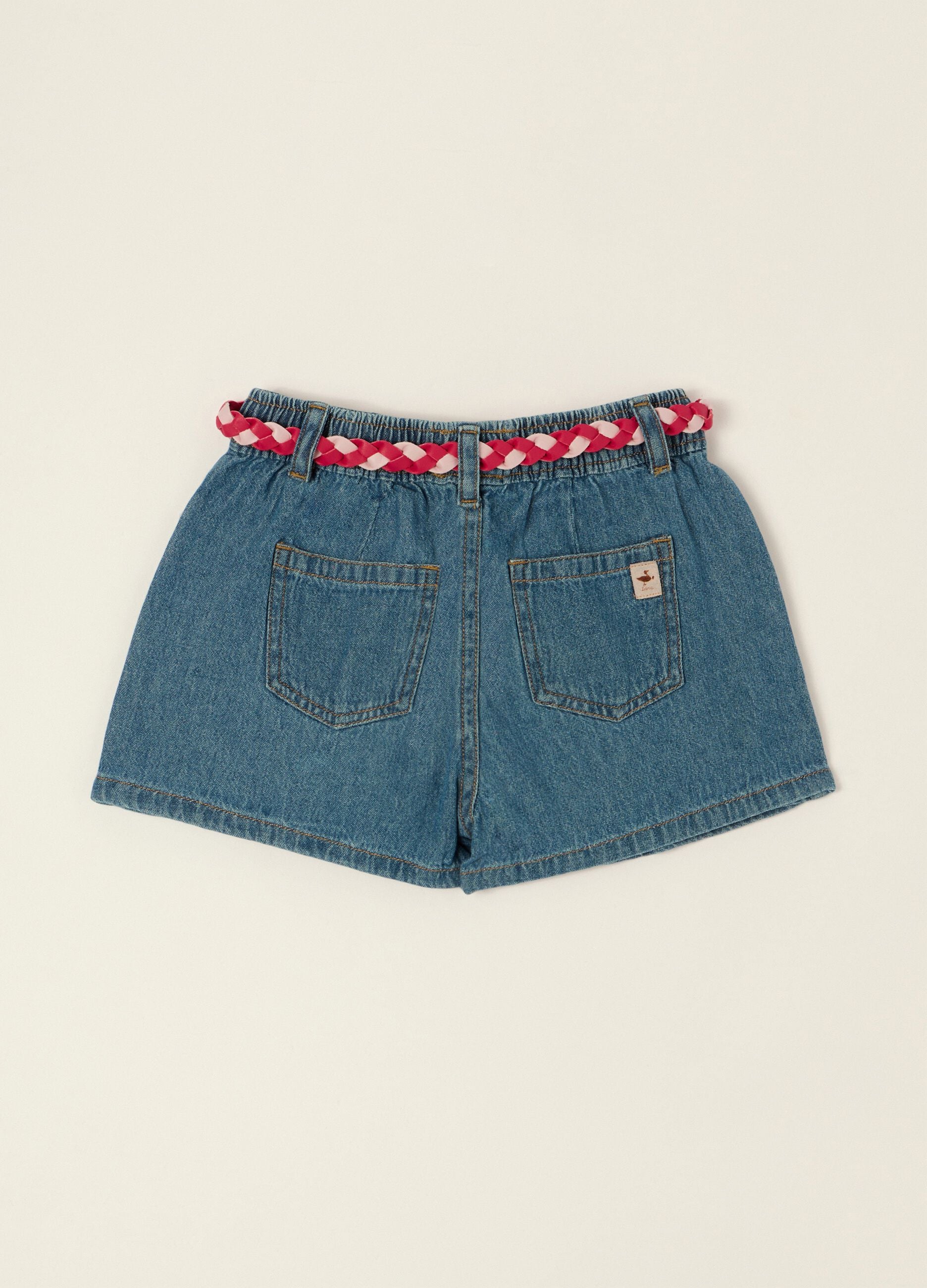 Gonna jeans in puro cotone con ricamo ciliegia da neonata