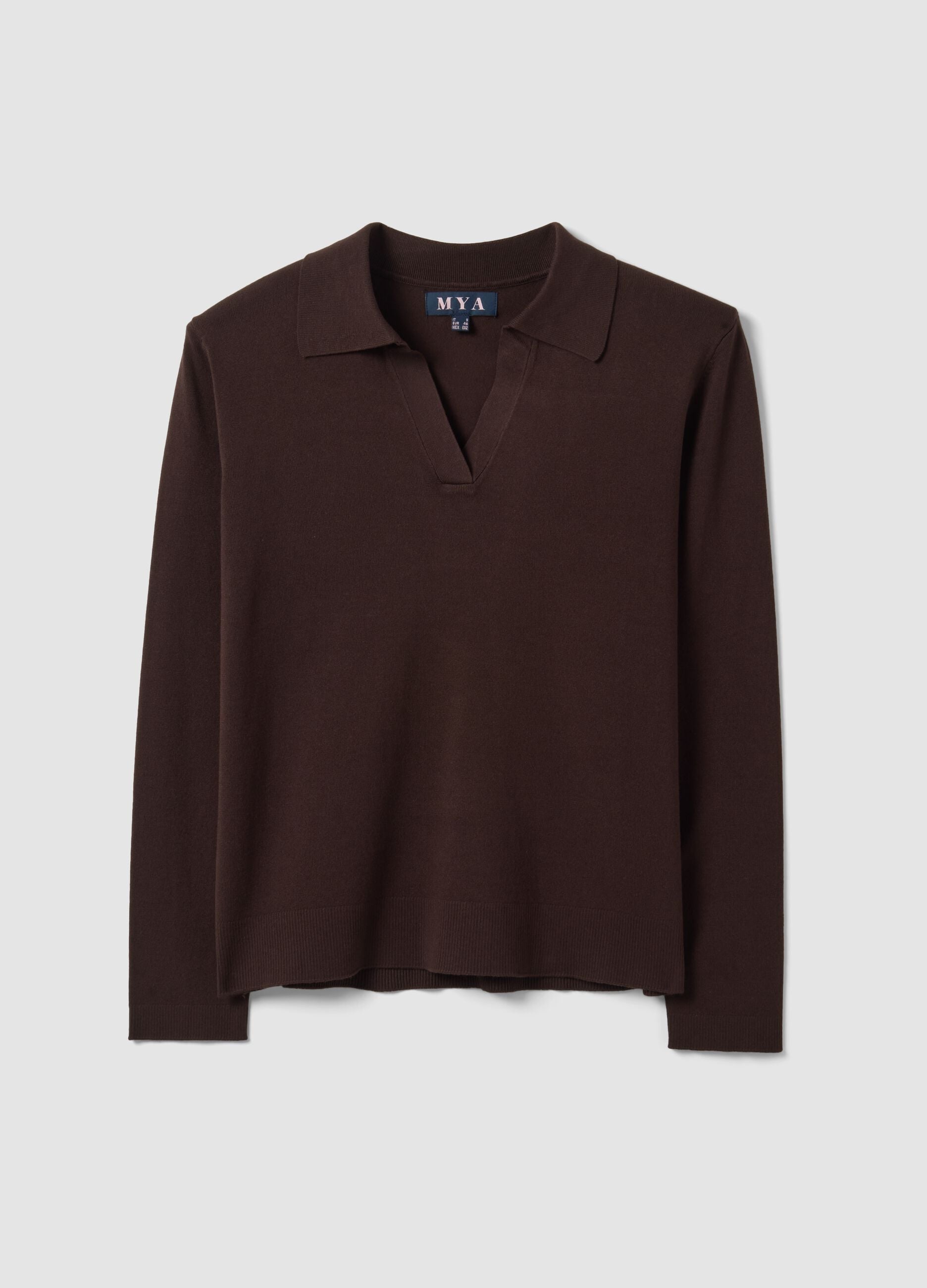 Brown viscose-blend polo-collar jumper with relaxed fit