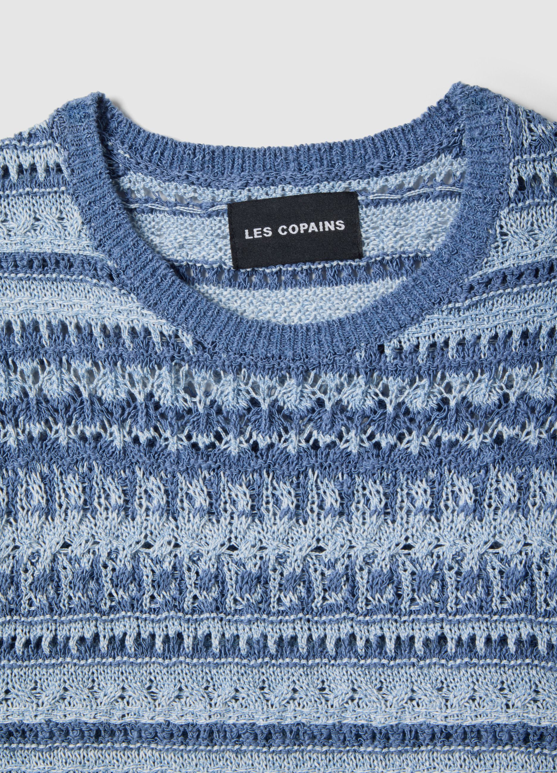 Blue cotton-blend regular fit knit patterned sweater