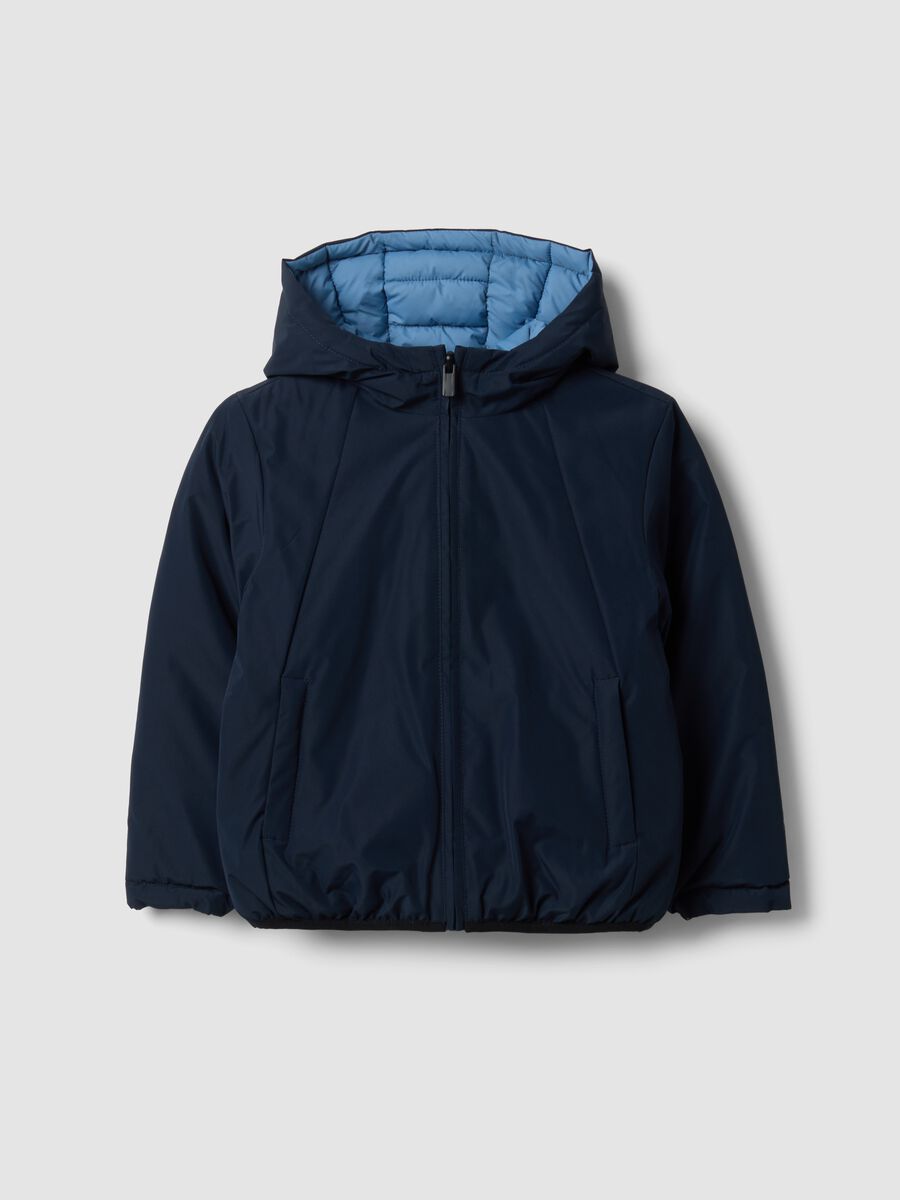 Reversible ultralight hooded zip jacket in light blue for boys_1