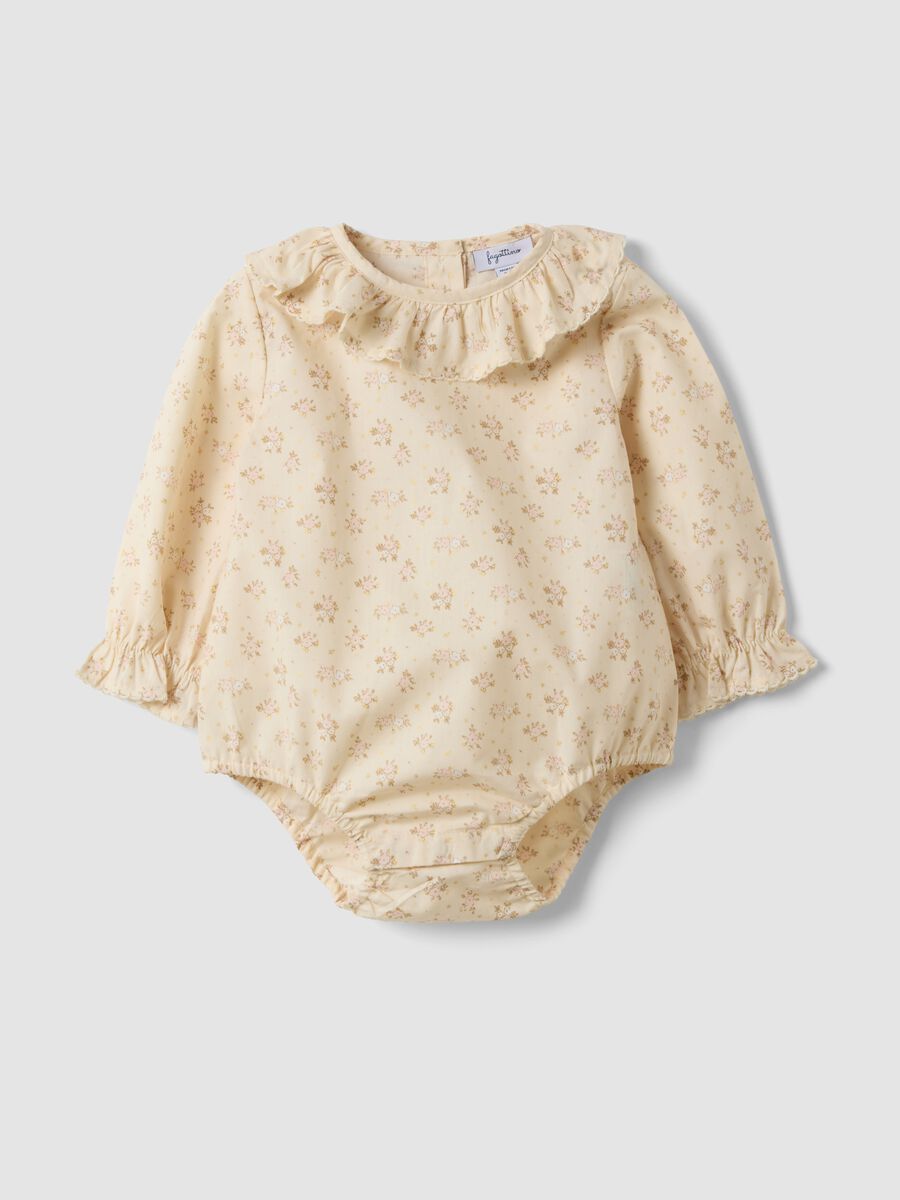 Beige pure cotton baby girl bodysuit with frill collar and floral print_0
