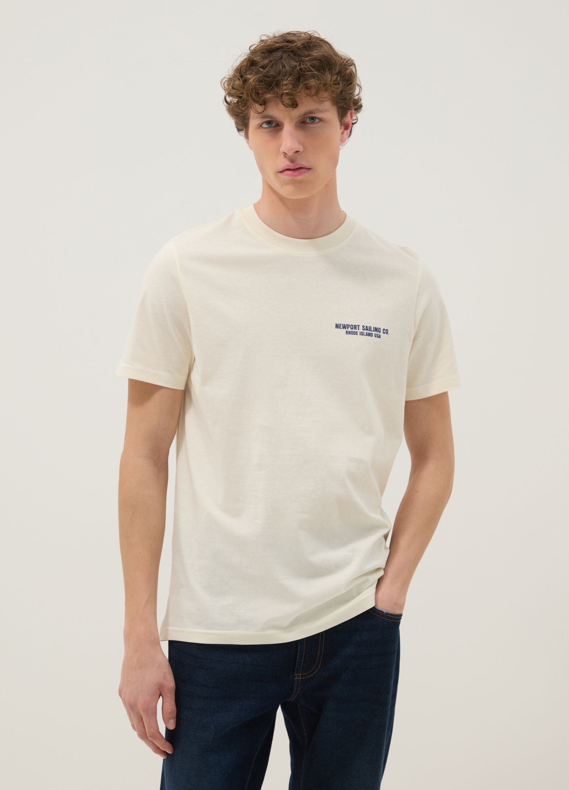 Beige pure cotton regular-fit T-shirt with nautical print