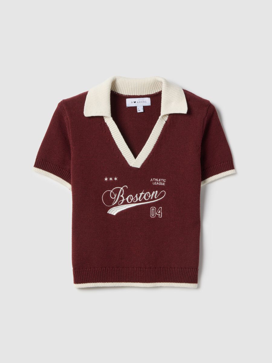 Red cotton blend regular fit polo collar shirt with lettering_4