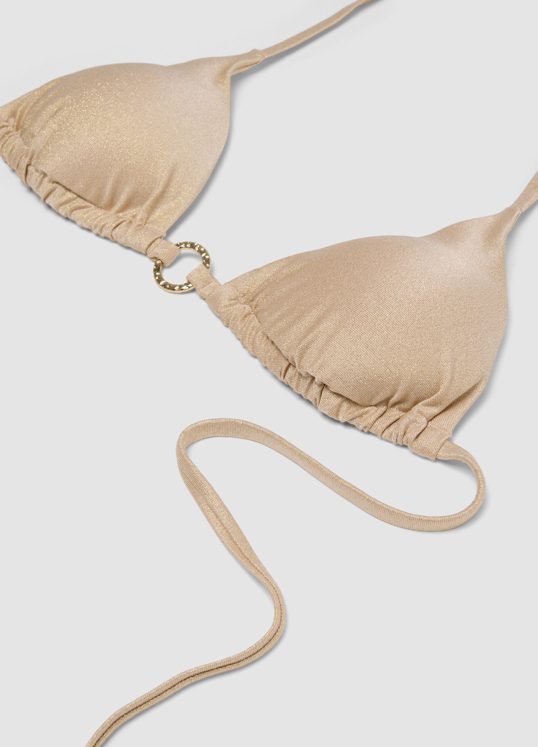 Beige glitter-textured stretch triangle bikini top