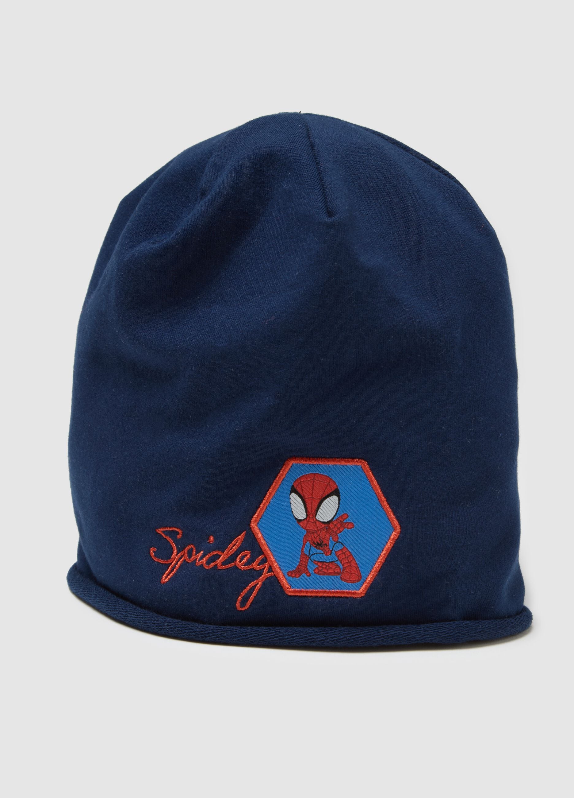 Blue stretch cotton toddler hat with Spiderman design