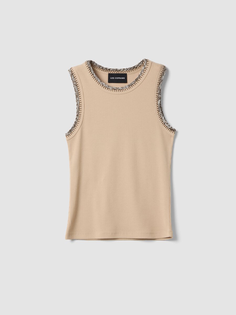 Beige regular fit stretch cotton tank top with embroidered edges_4