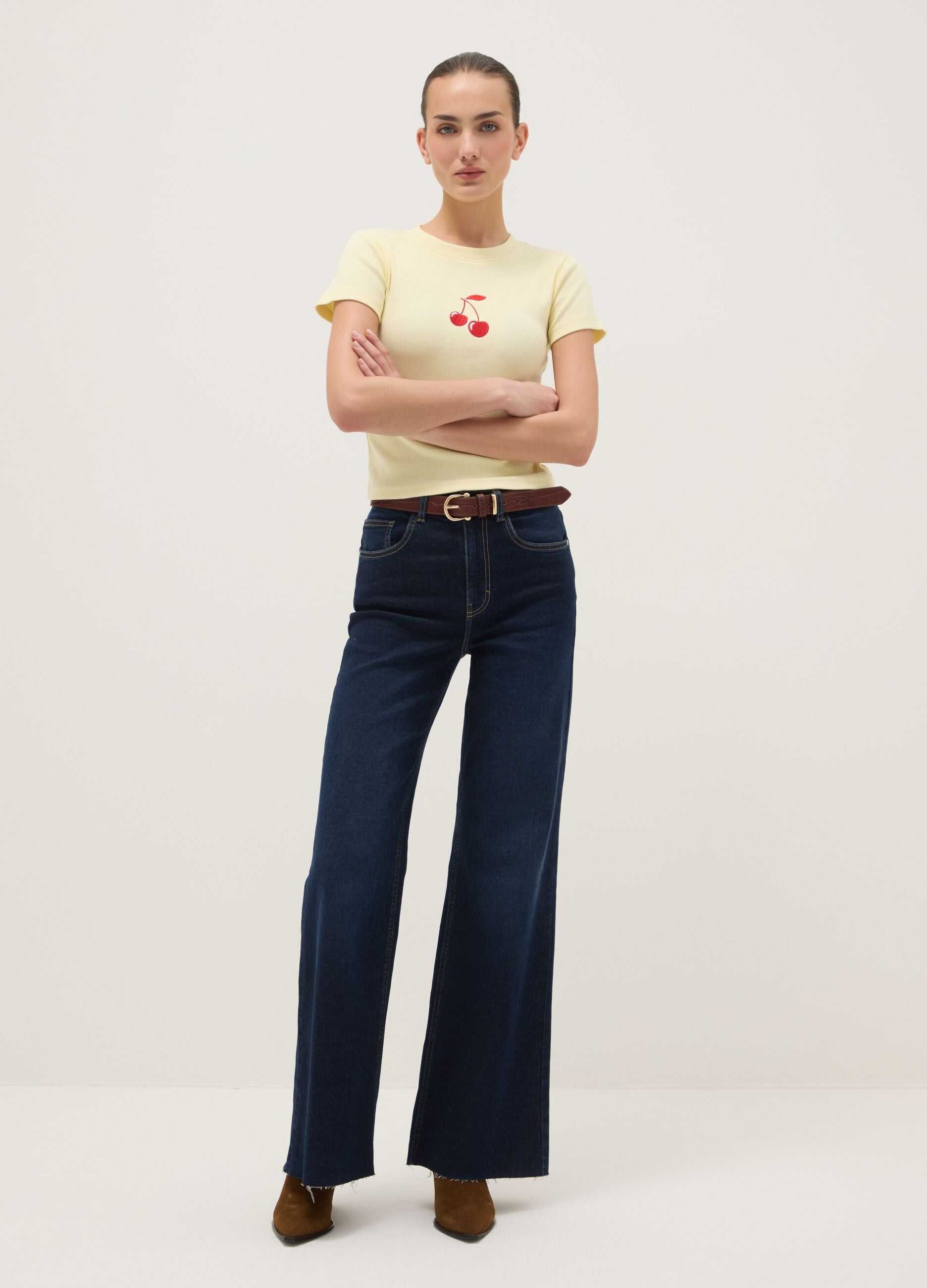 Yellow pure cotton regular fit T-shirt with cherry print