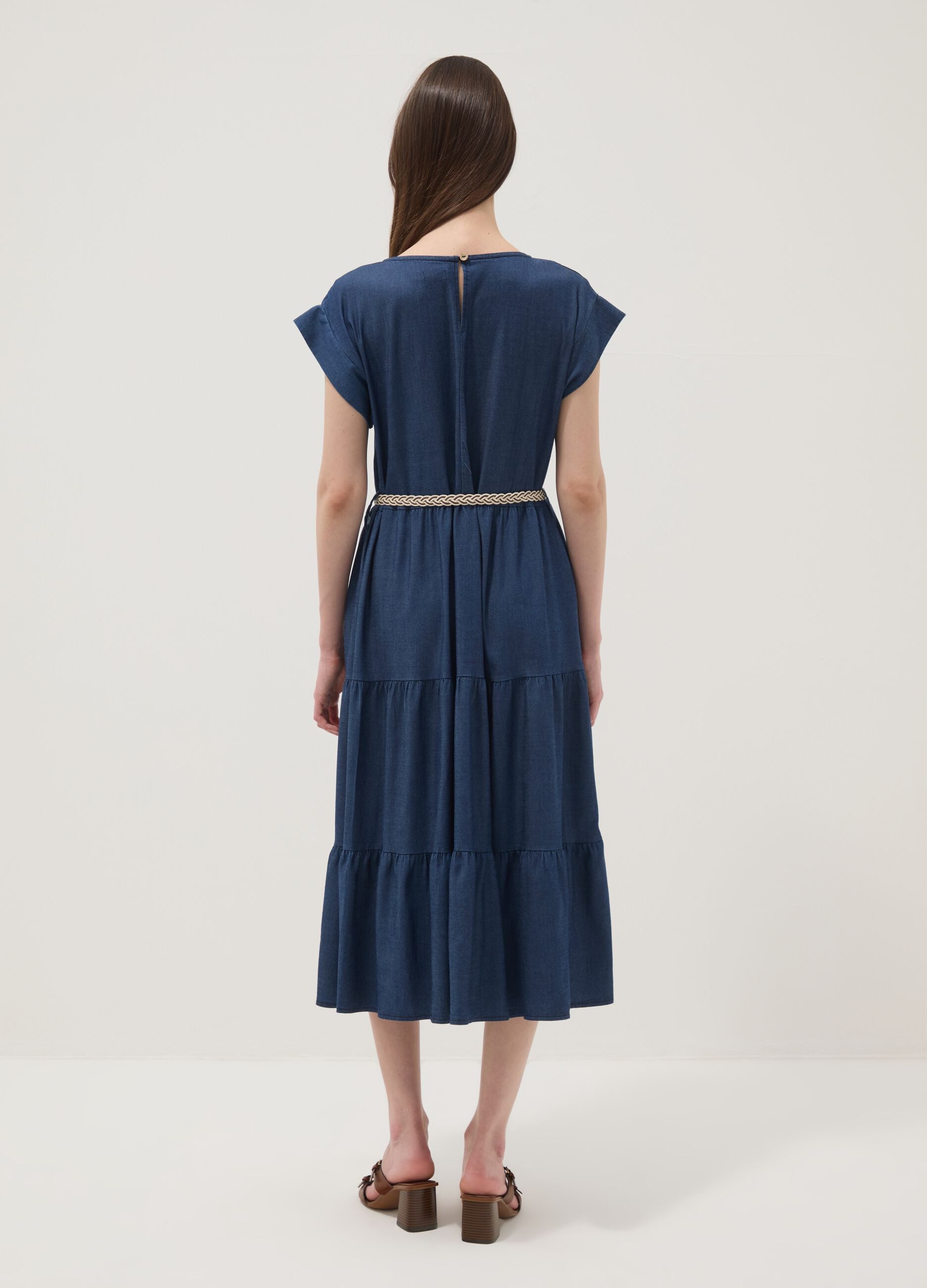 Blue midi dress in pure lyocell with braided belt
