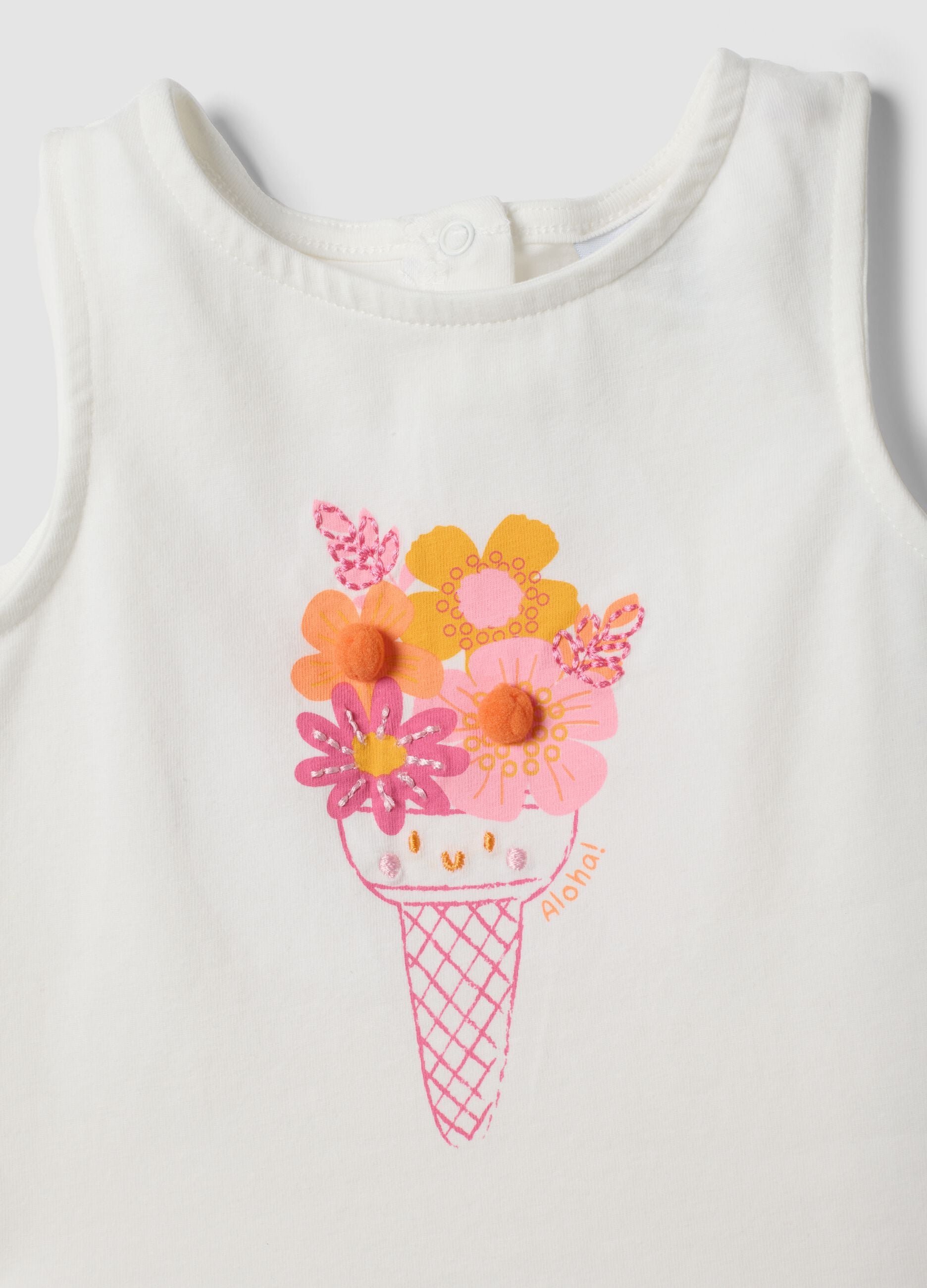 White fitted stretch cotton tank top with floral print for baby girl