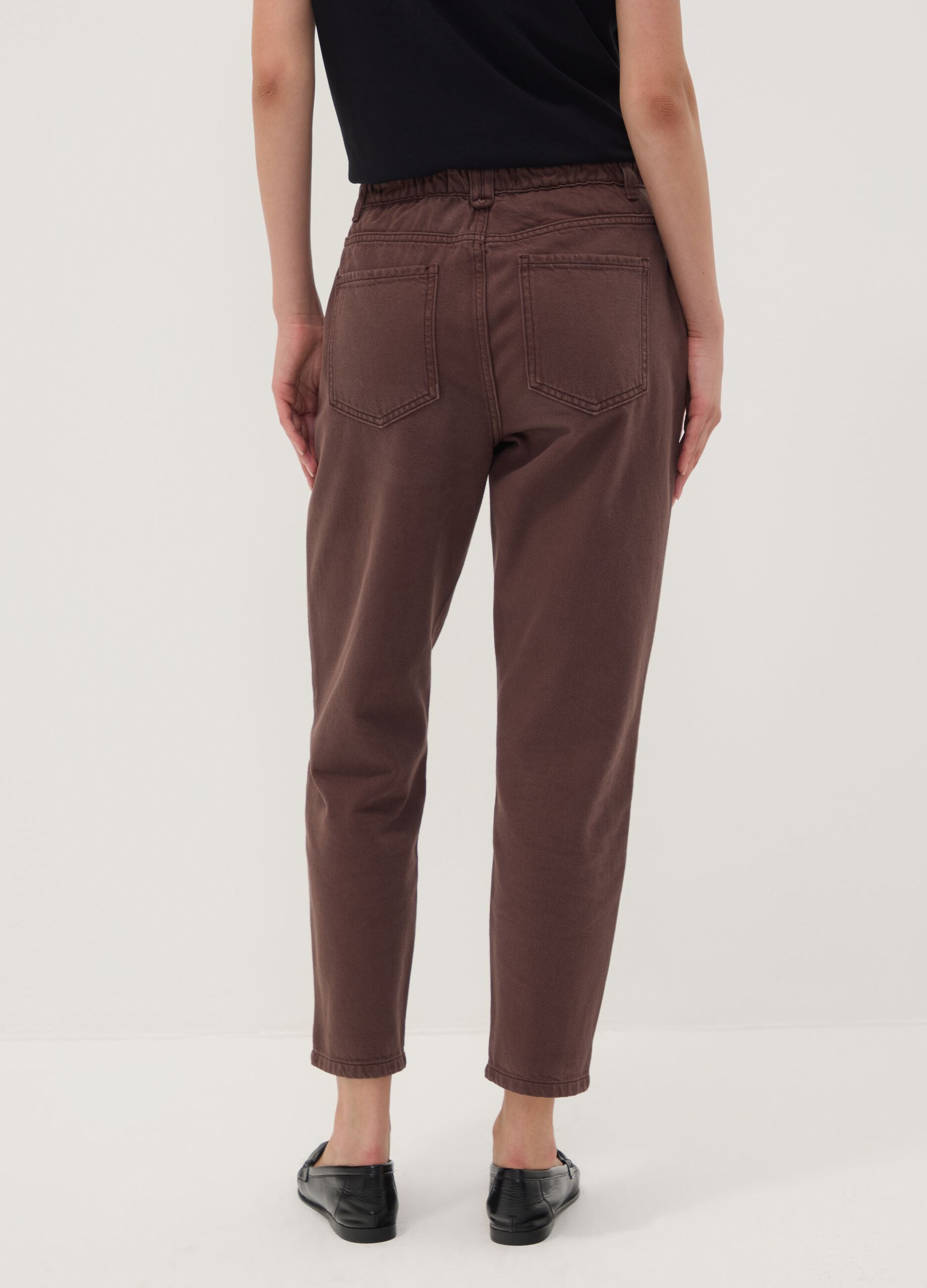 Brown baggy-fit pure cotton denim jeans with paperbag waist