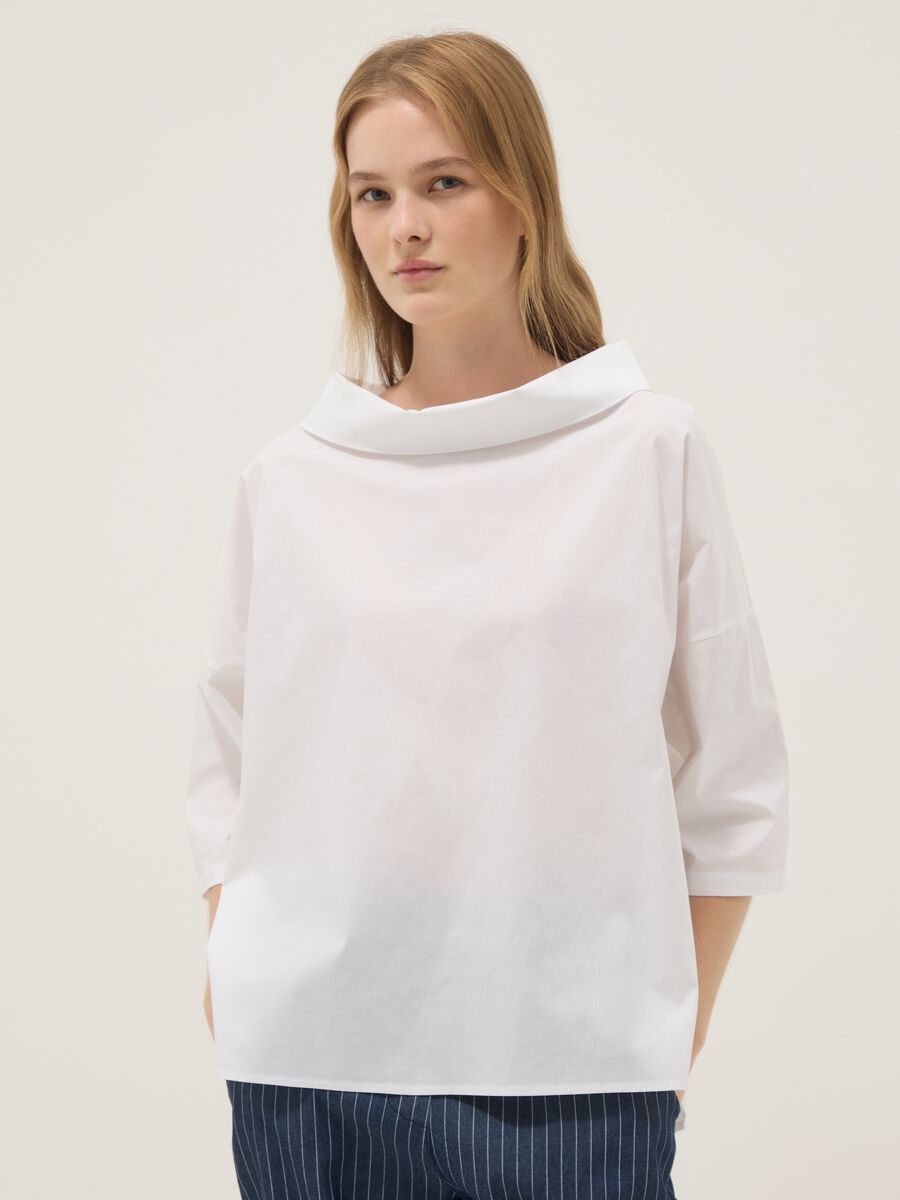 White stretch-cotton top with soft funnel neck_0
