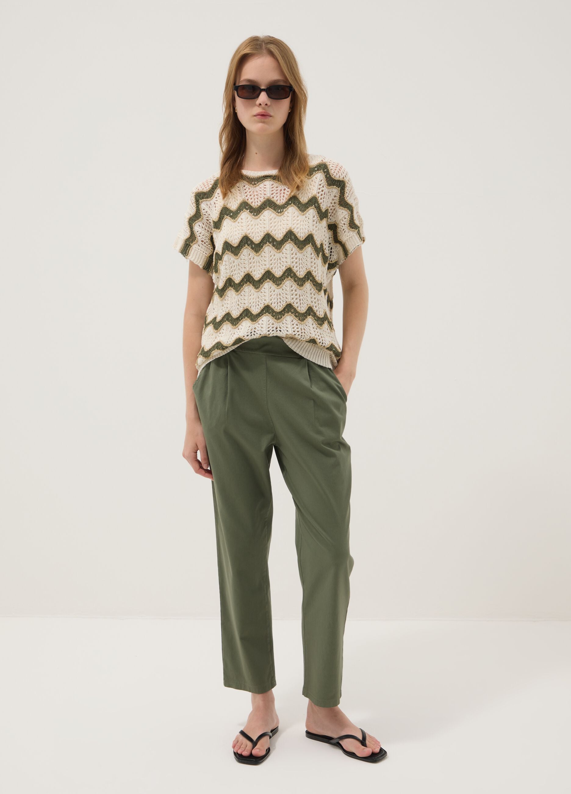 Beige open-knit striped top with green detailing in stretch cotton, regular fit