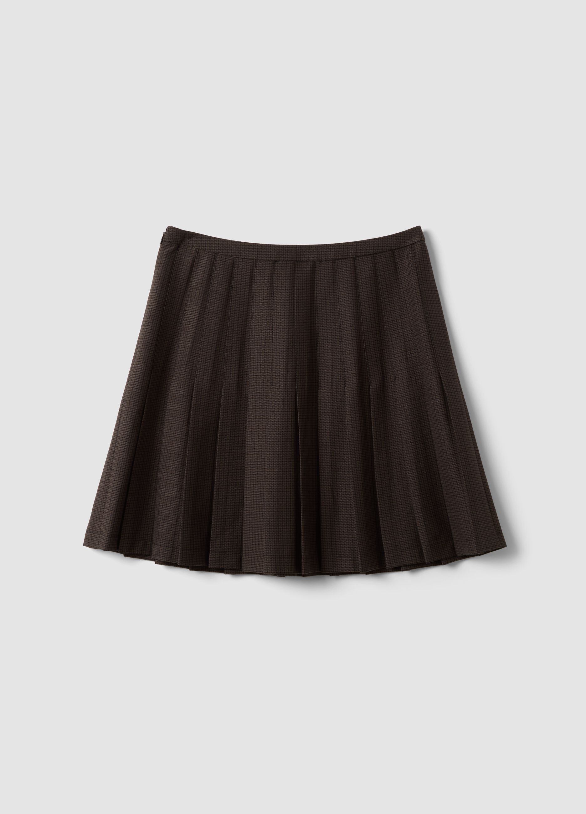 Brown micro-check pleated skirt in stretch viscose