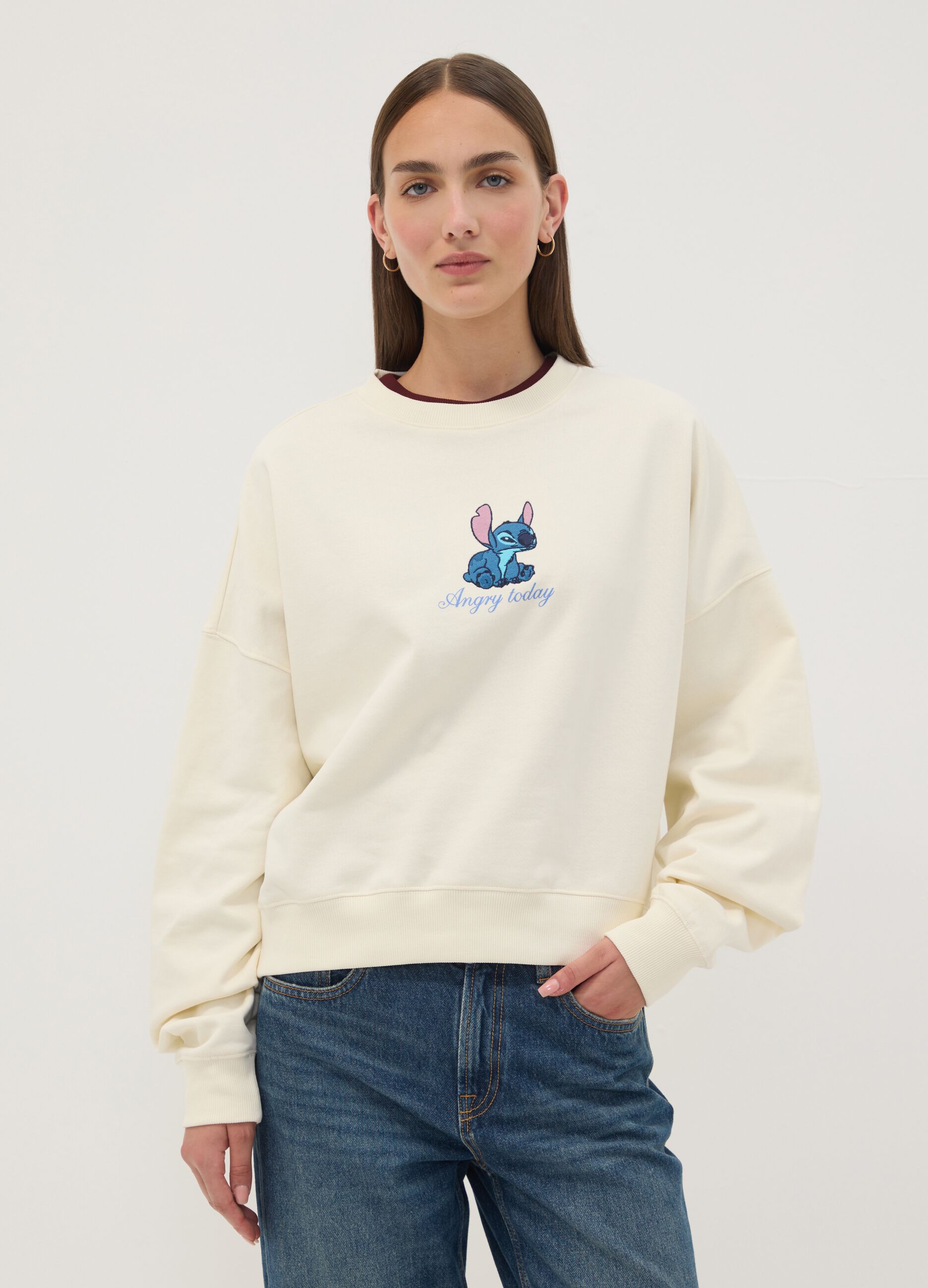 Beige pure cotton sweatshirt with Stitch print