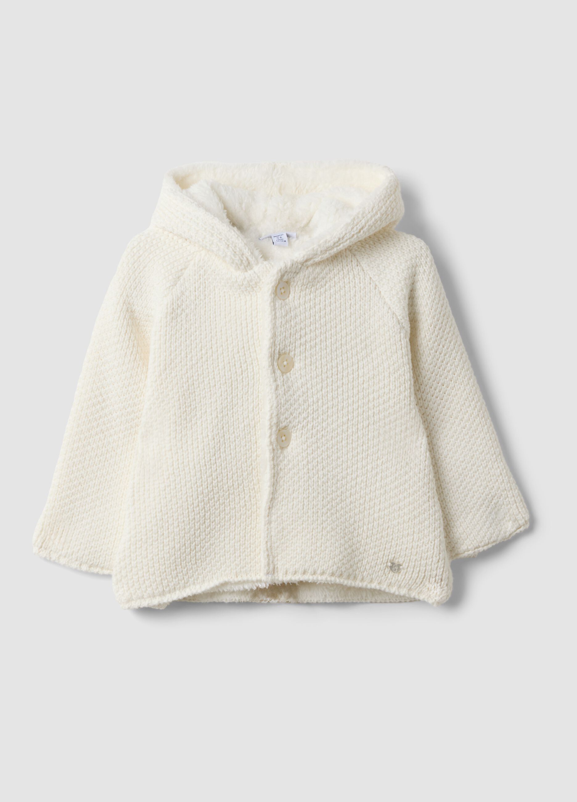 White pure organic cotton hooded jacket with teddy-effect lining