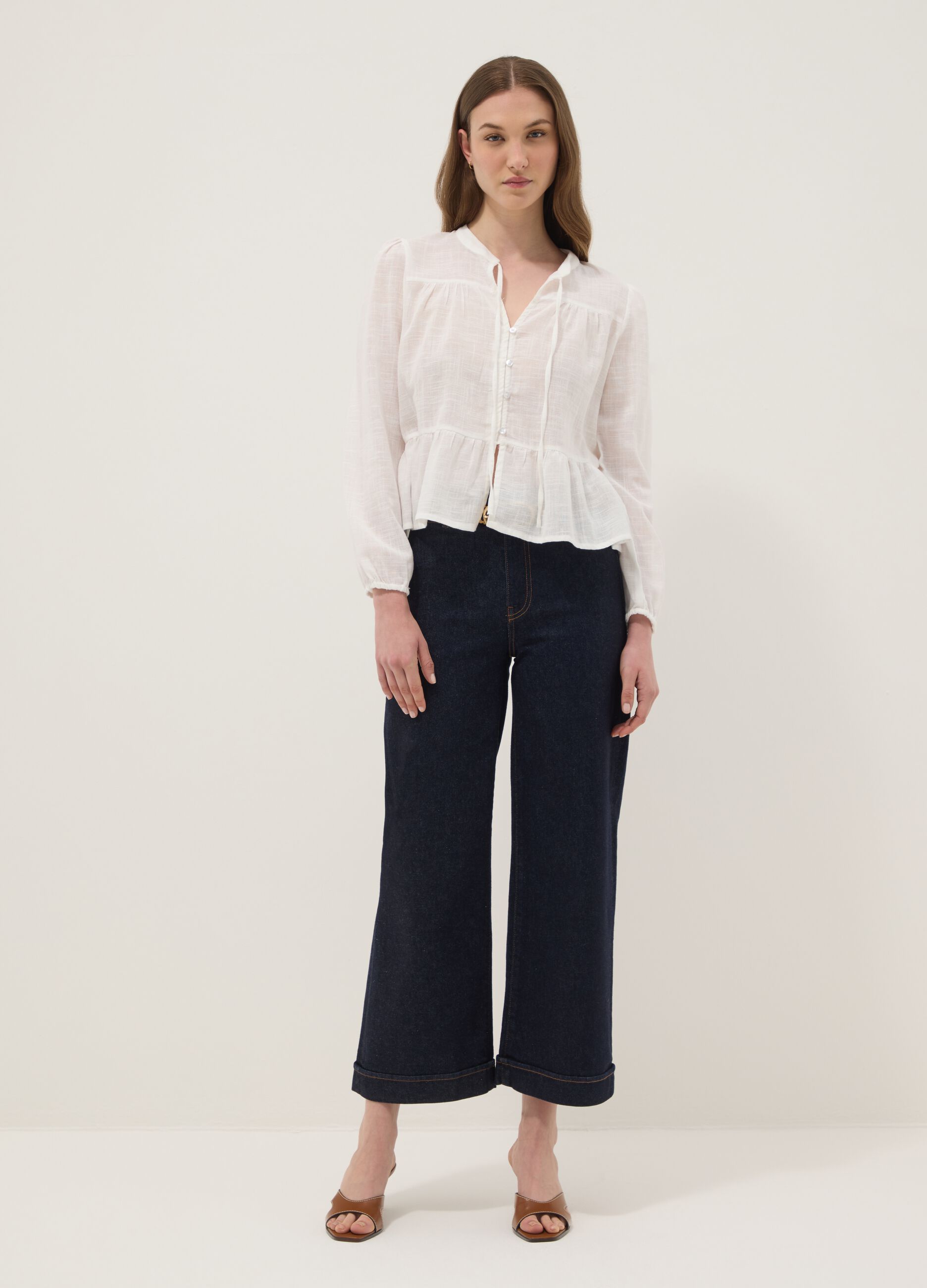 White pure cotton tie-front shirt, regular fit
