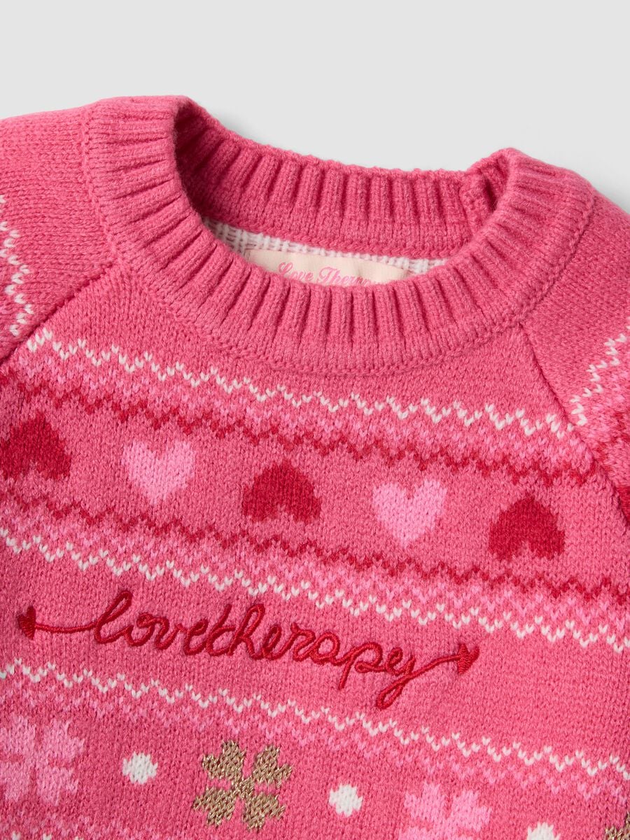 Pink crew-neck jumper with hearts and jacquard pattern, regular fit_3