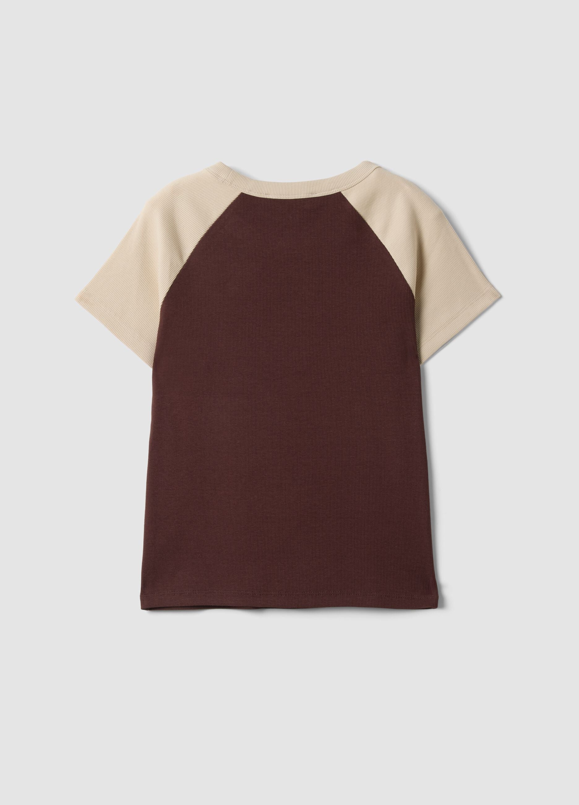 Brown stretch cotton crew-neck T-shirt with contrast sleeves