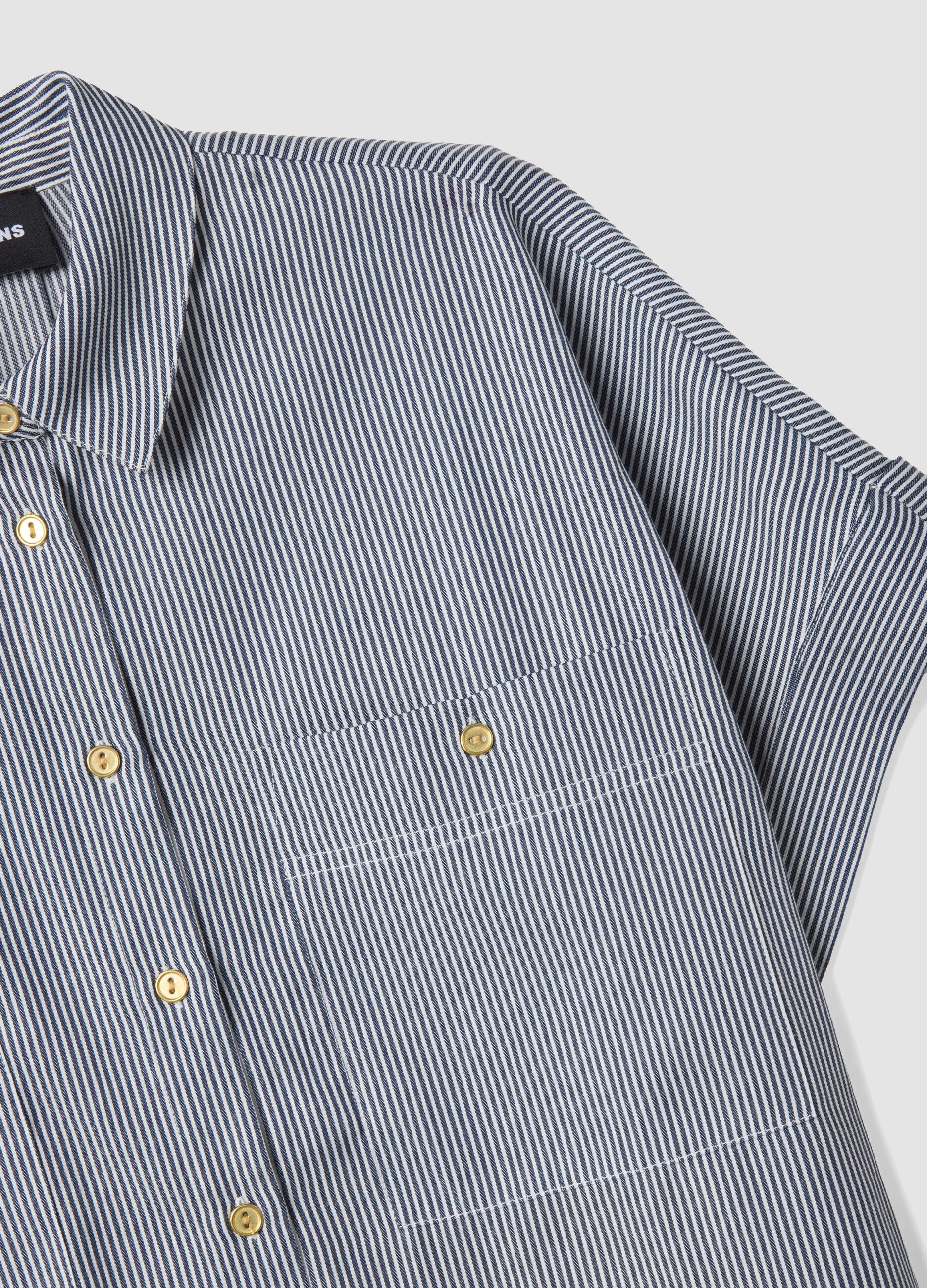 Camicia a righe bianche e blu a maniche corte regular fit con taschini