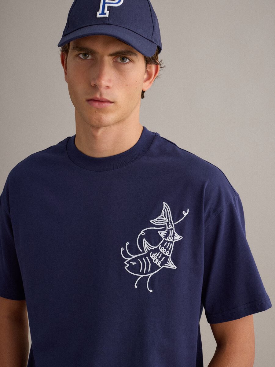 Blue pure cotton relaxed-fit T-shirt with embroidered detail_0