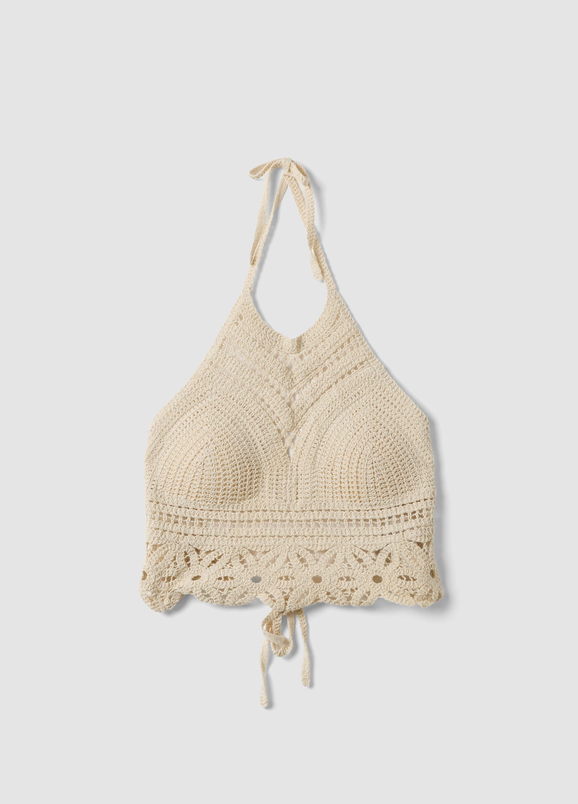 Beige crochet crop tank top in cotton blend, regular fit