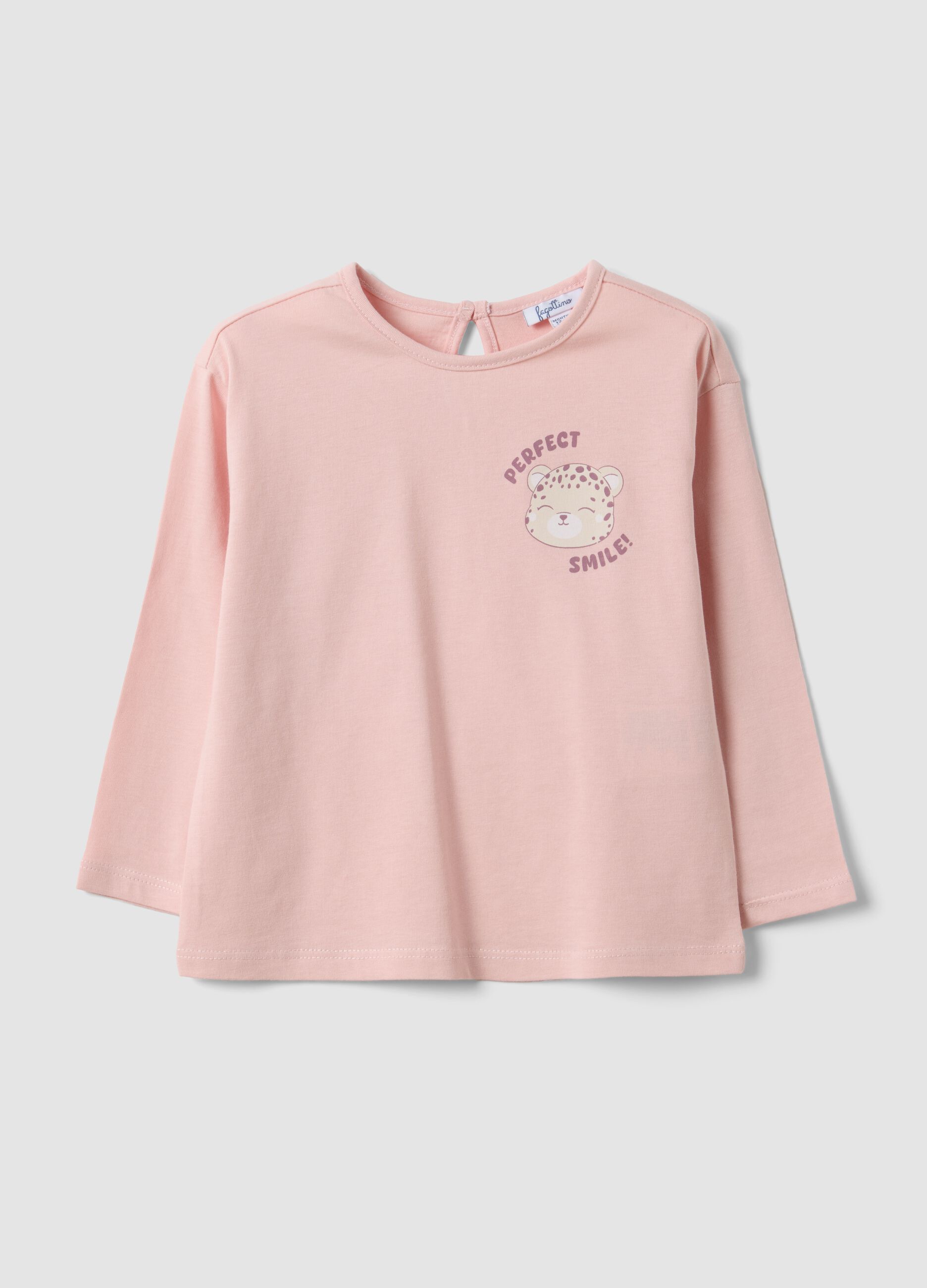 Pink organic cotton T-shirt with leopard print for baby girl