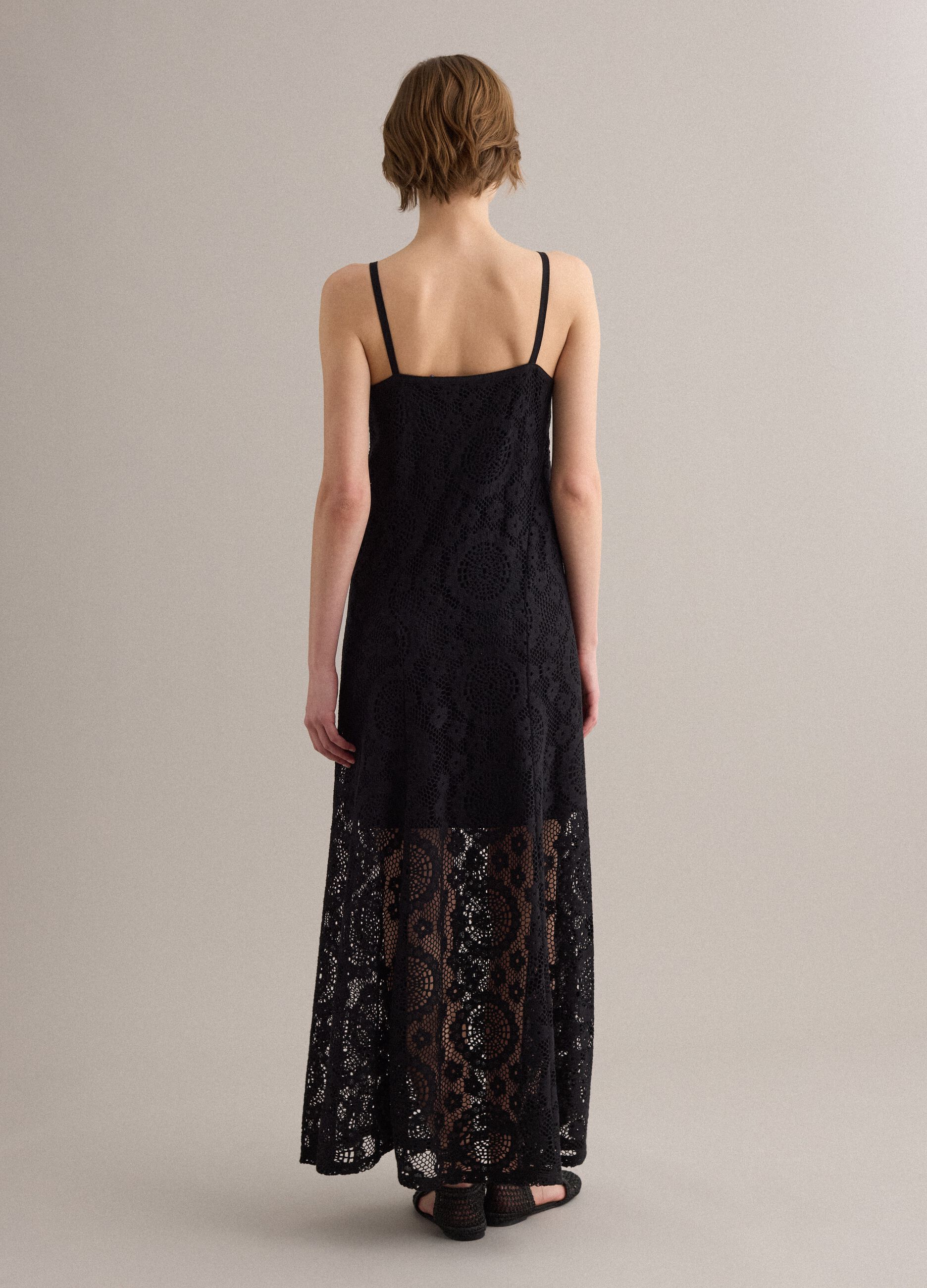 Long black crochet dress with V-neck, regular fit
