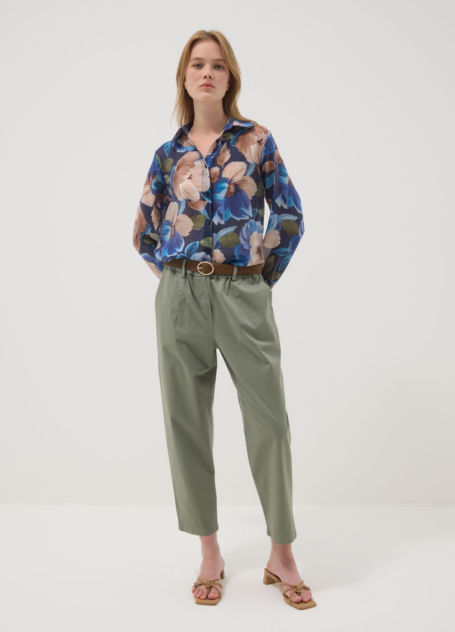 Blue lyocell-blend shirt with floral print