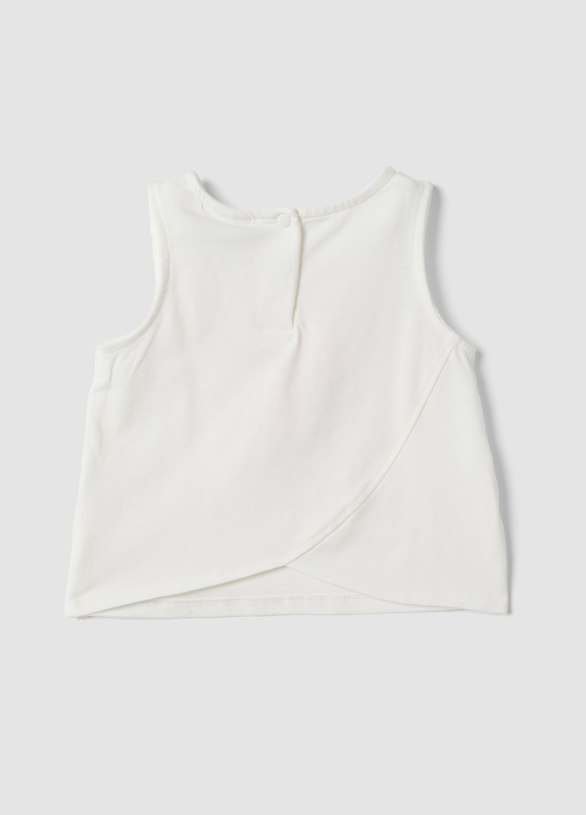 White fitted stretch cotton tank top with floral print for baby girl