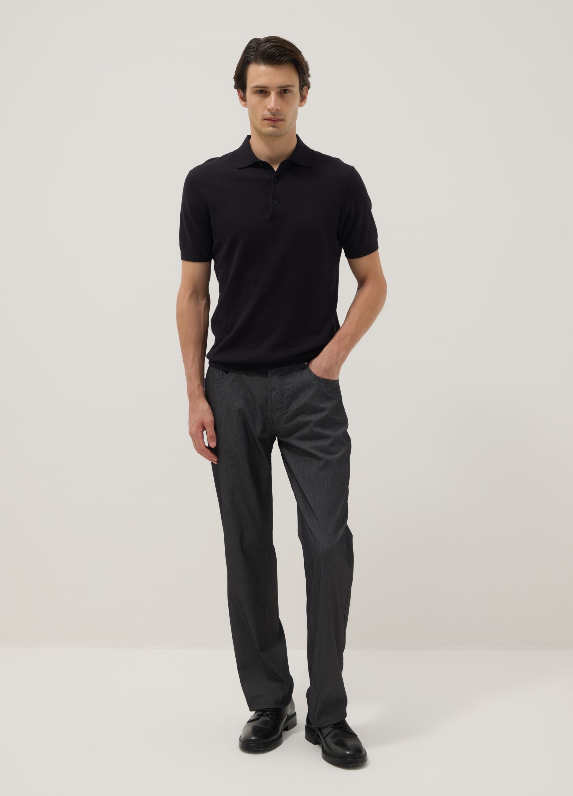 Black stretch cotton regular fit trousers with five pockets