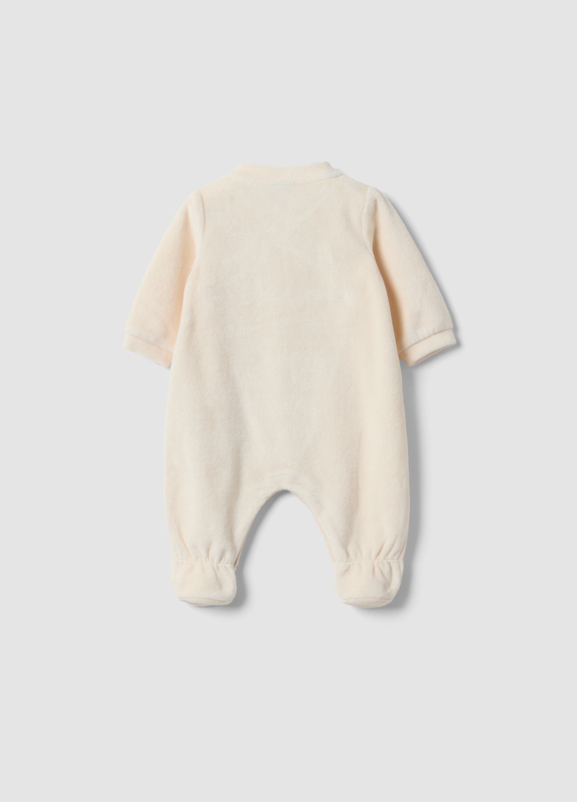 Beige organic cotton-blend all-in-one baby sleepsuit with Mickey embroidery