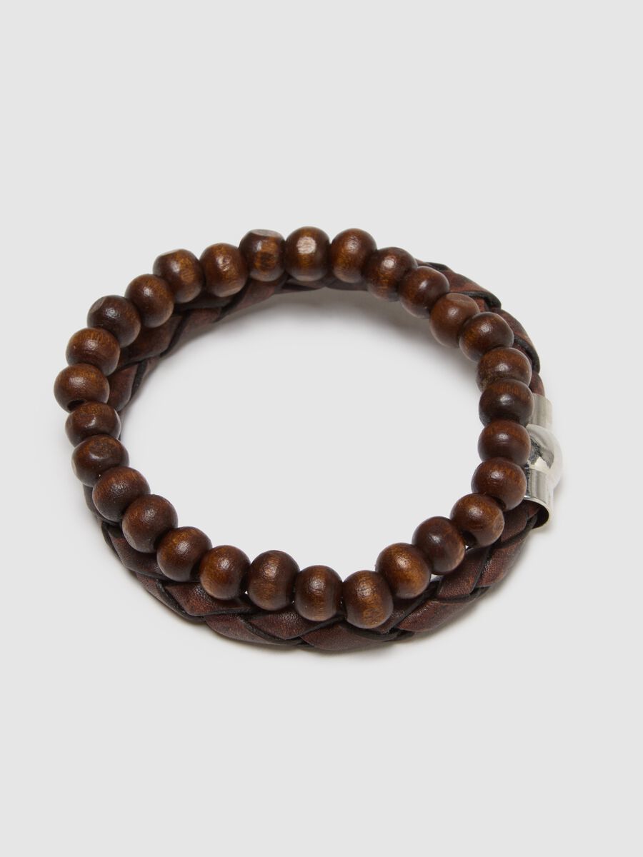 Bipack bracciali in vera pelle e legno marrone_1