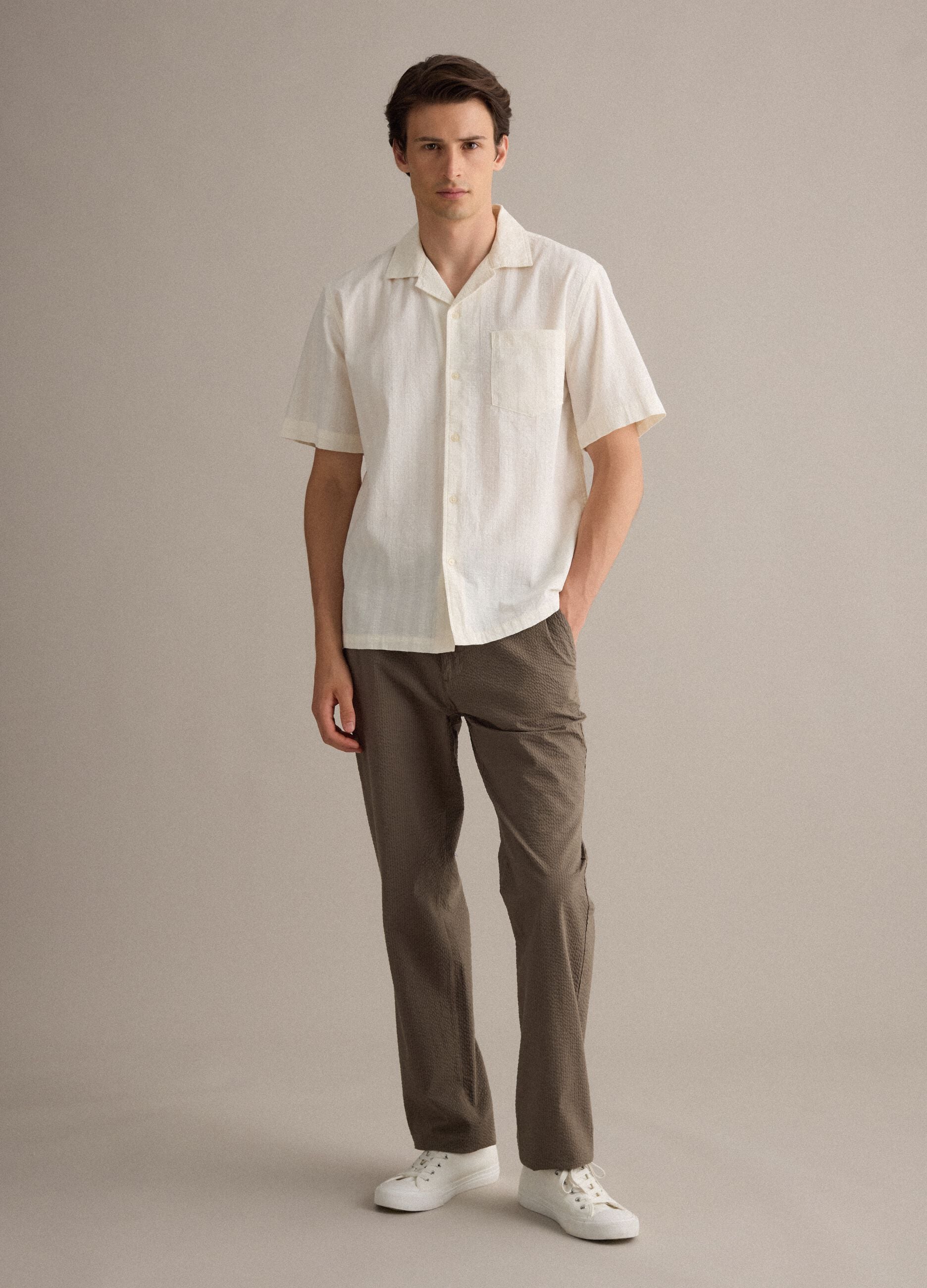 White pure lyocell bowling-collar shirt, regular fit
