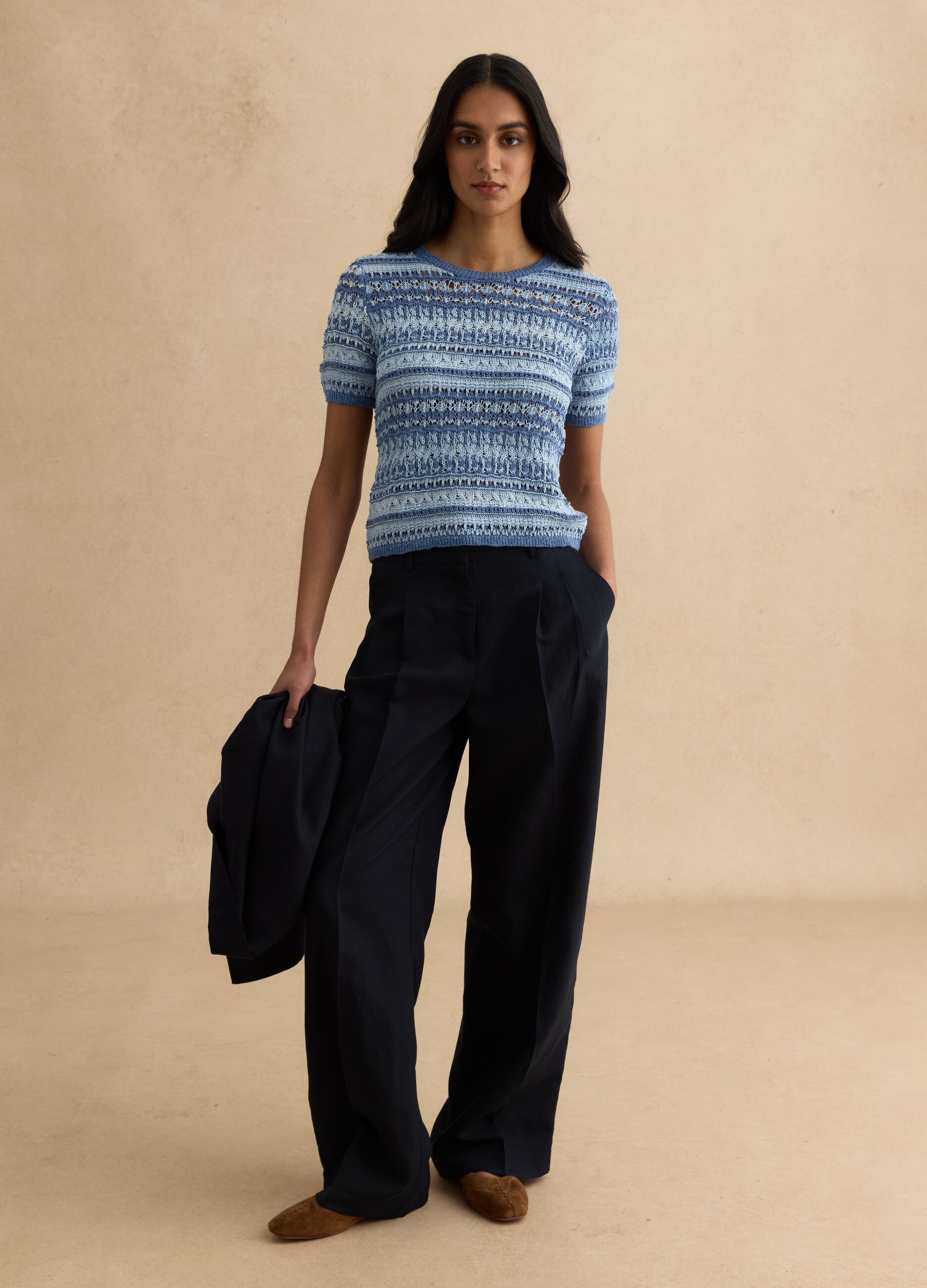 Blue cotton-blend regular fit knit patterned sweater