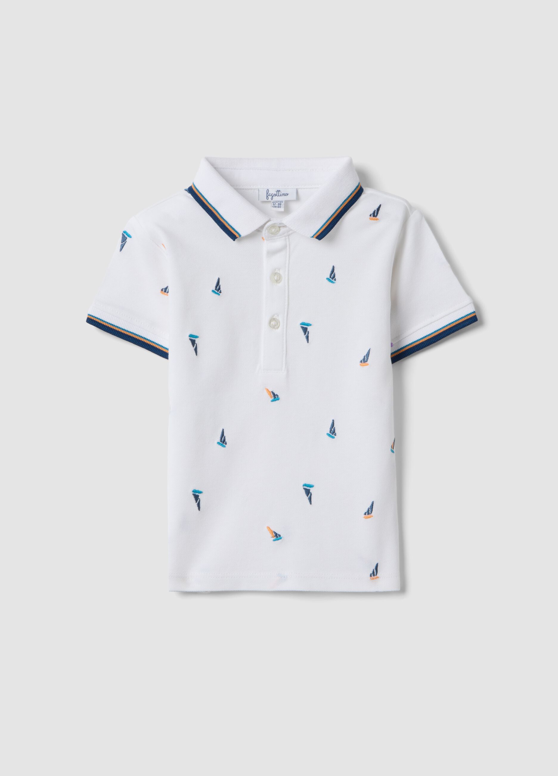 White stretch cotton polo with all-over boat print for boys, regular fit