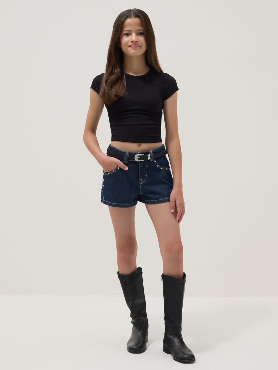 Blue pure-cotton denim shorts for girls, skater fit with studs_0