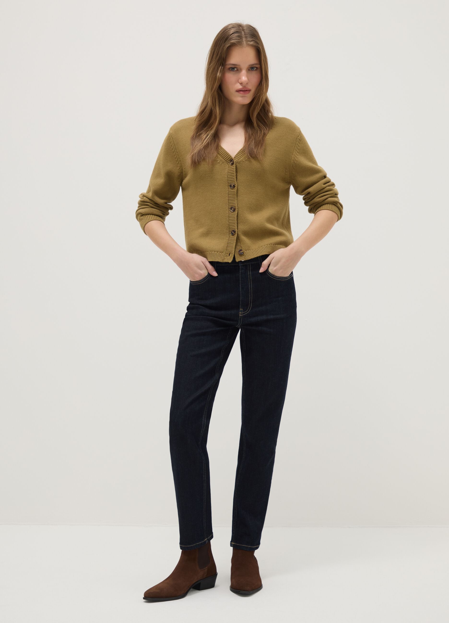 Green V-neck cardigan in pure cotton with regular fit