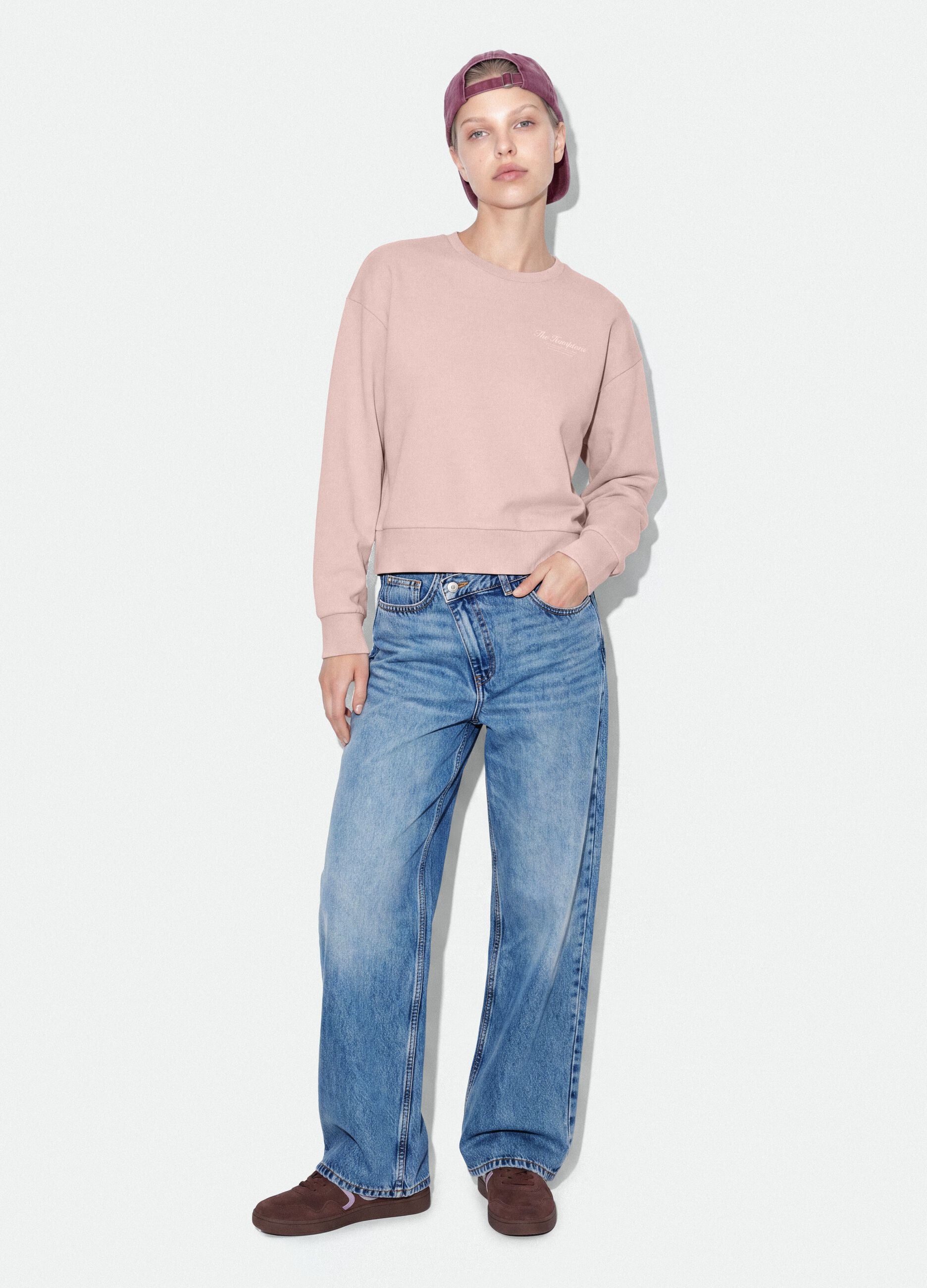 Pink cotton-blend crew-neck sweatshirt with embroidered detail
