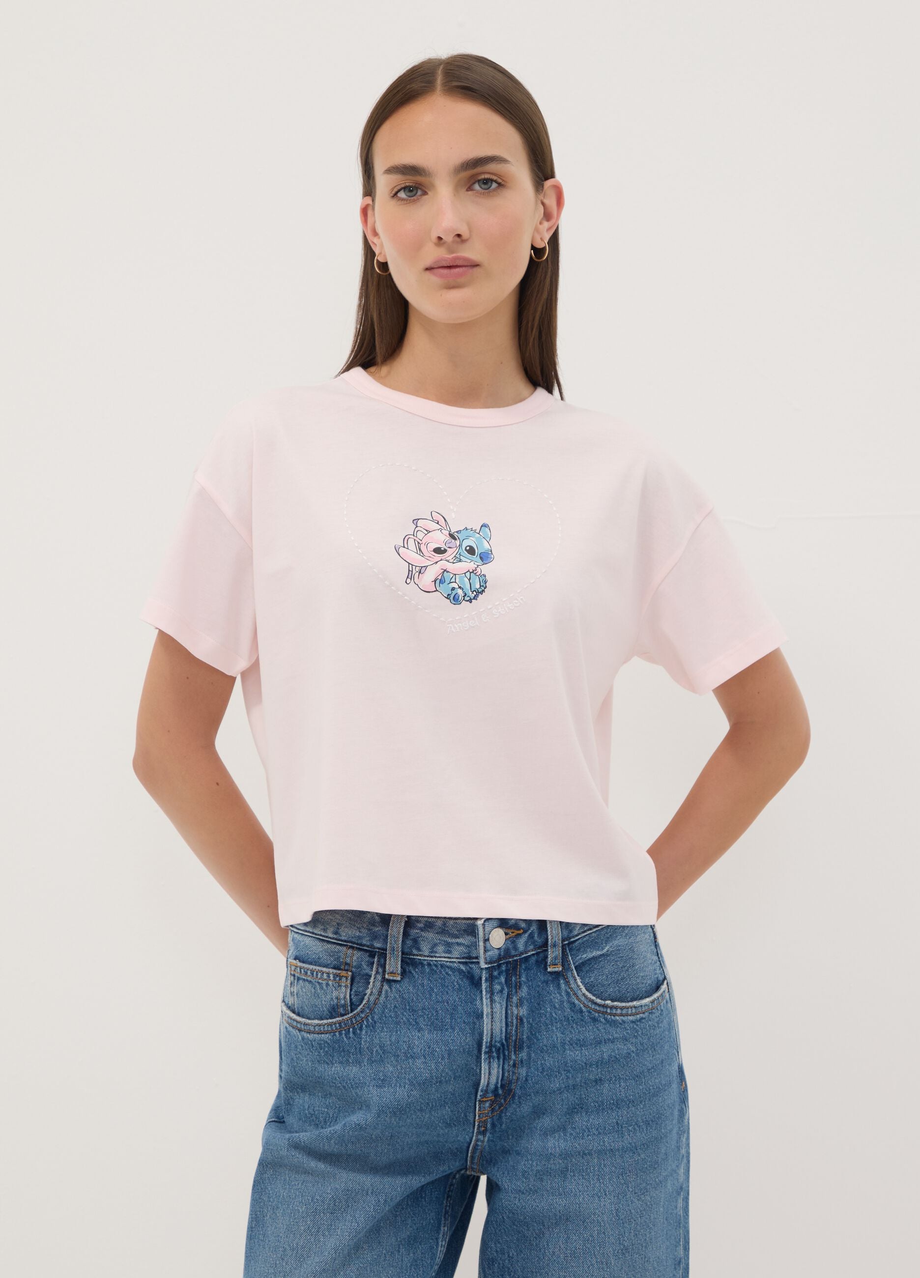 Pink pure cotton Lilo & Stitch print T-shirt, regular fit