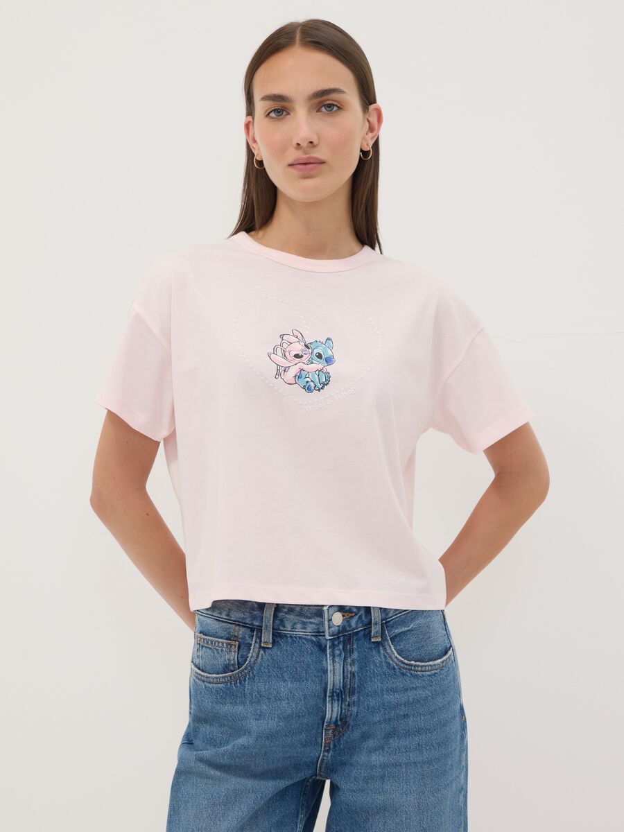 T-shirt rosa in puro cotone con stampa Lilo e Stitch regular fit_0