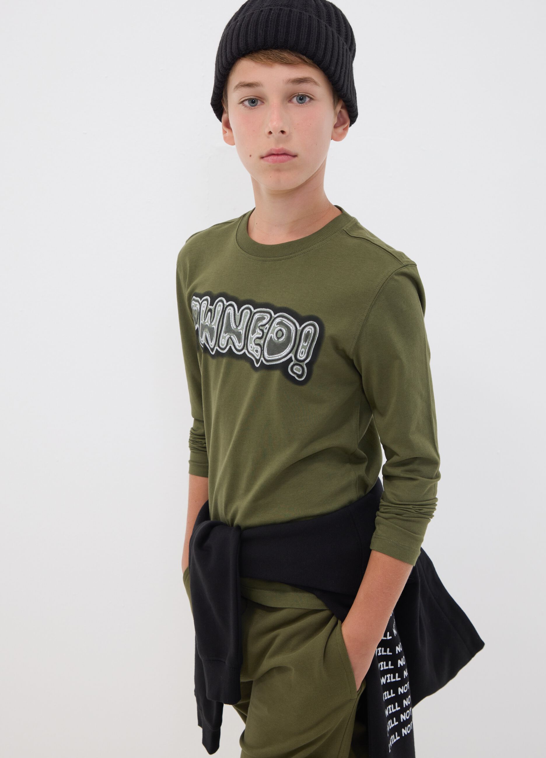 Green pure organic cotton slogan T-shirt for boys