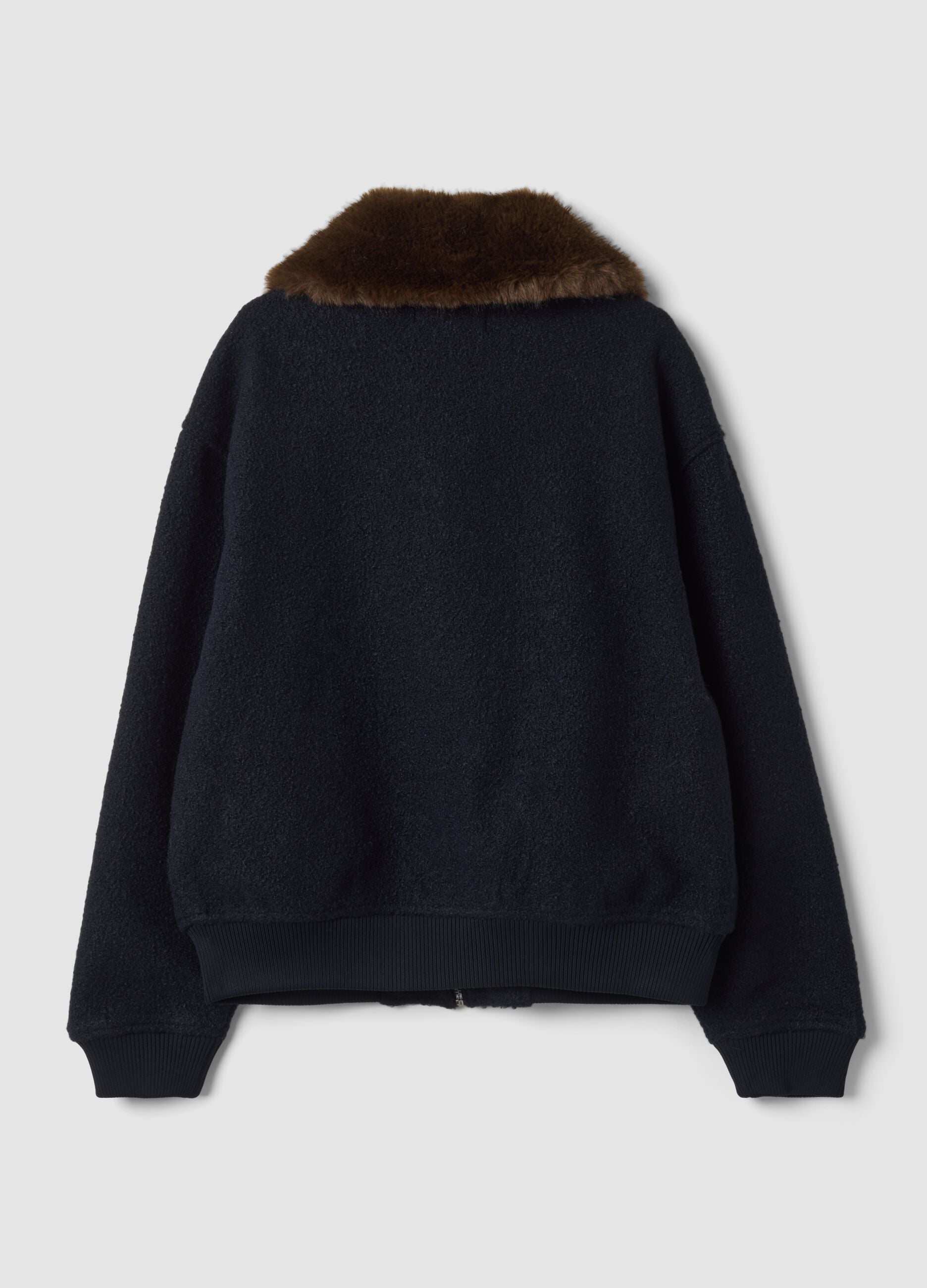 Blue wool-blend cardigan with faux-fur effect collar