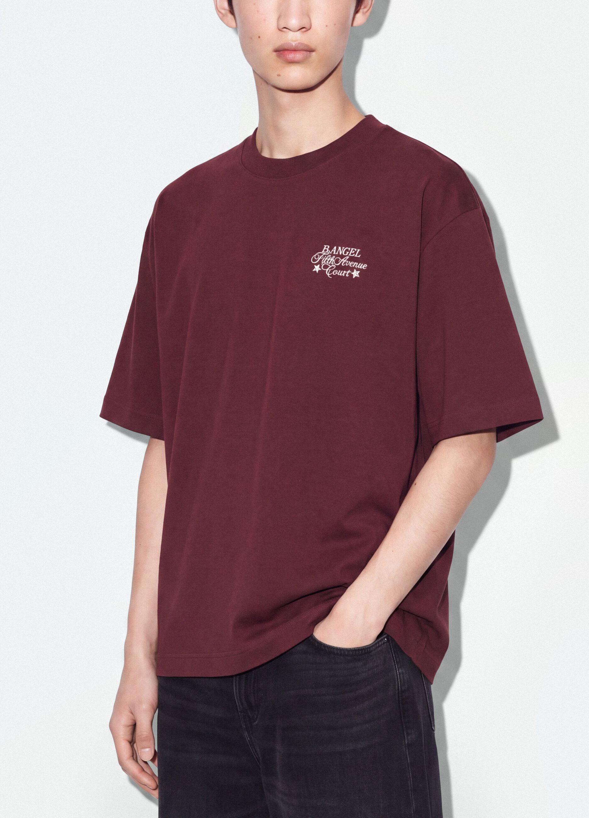 Red pure cotton cropped T-shirt with boxy-fit print