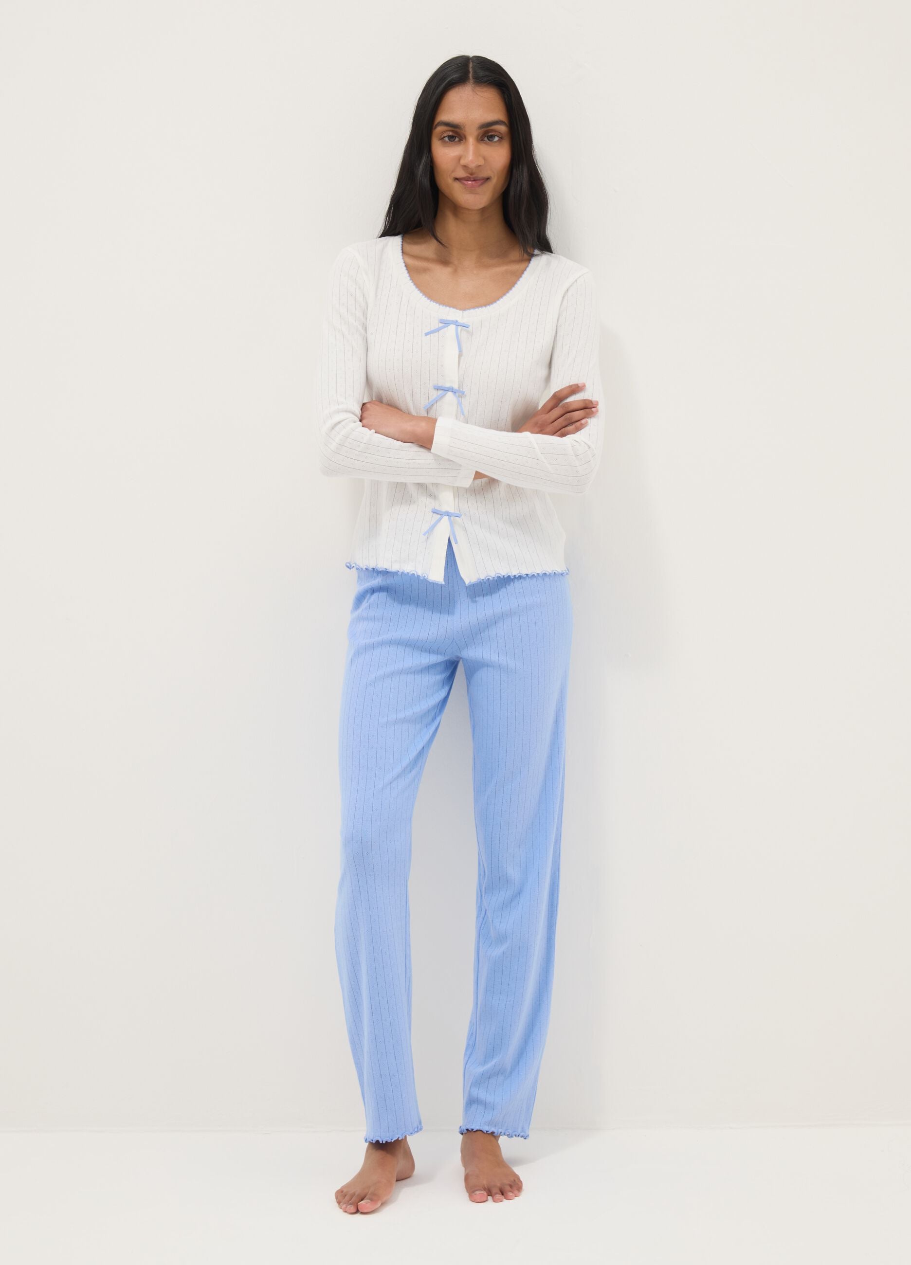 White pure cotton regular fit pyjama shirt with embroidery