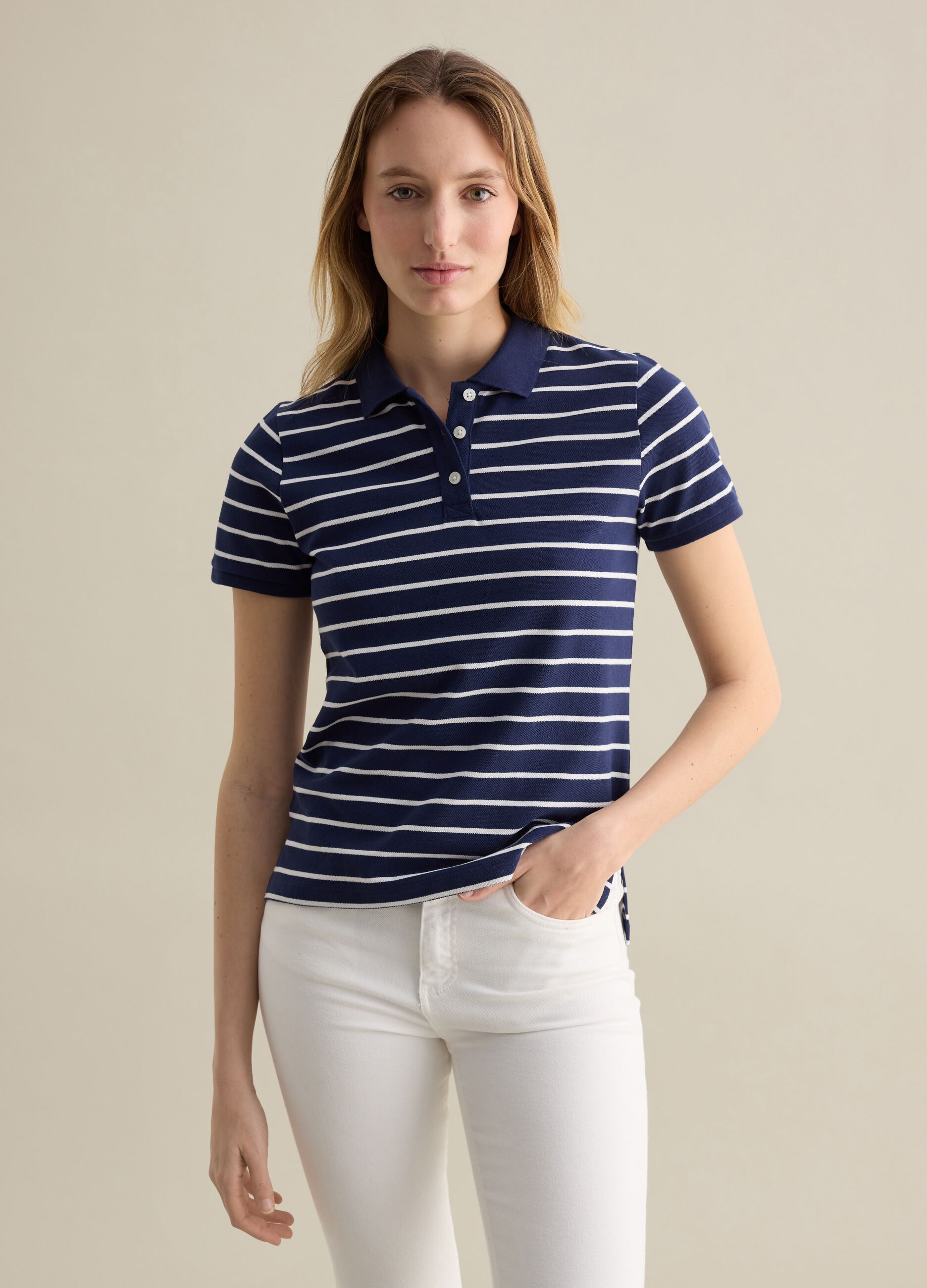 Blue and white striped polo shirt in piquet