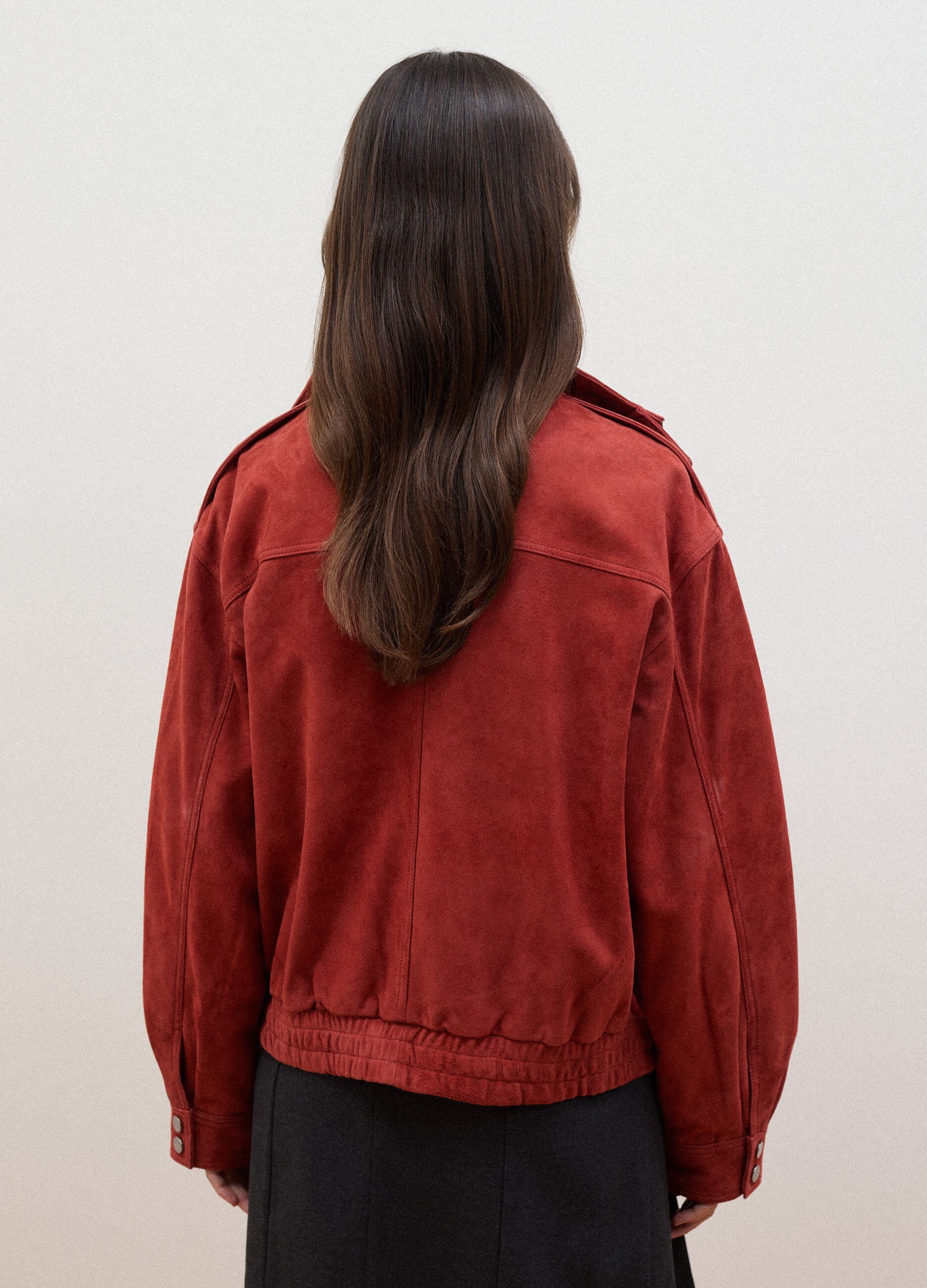Red genuine leather bomber jacket with zip and press studs, regular fit
