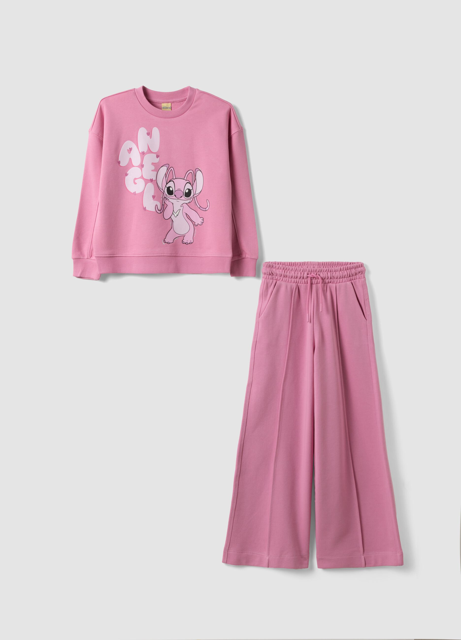 Pink cotton-blend crew-neck tracksuit with Stitch print for girls