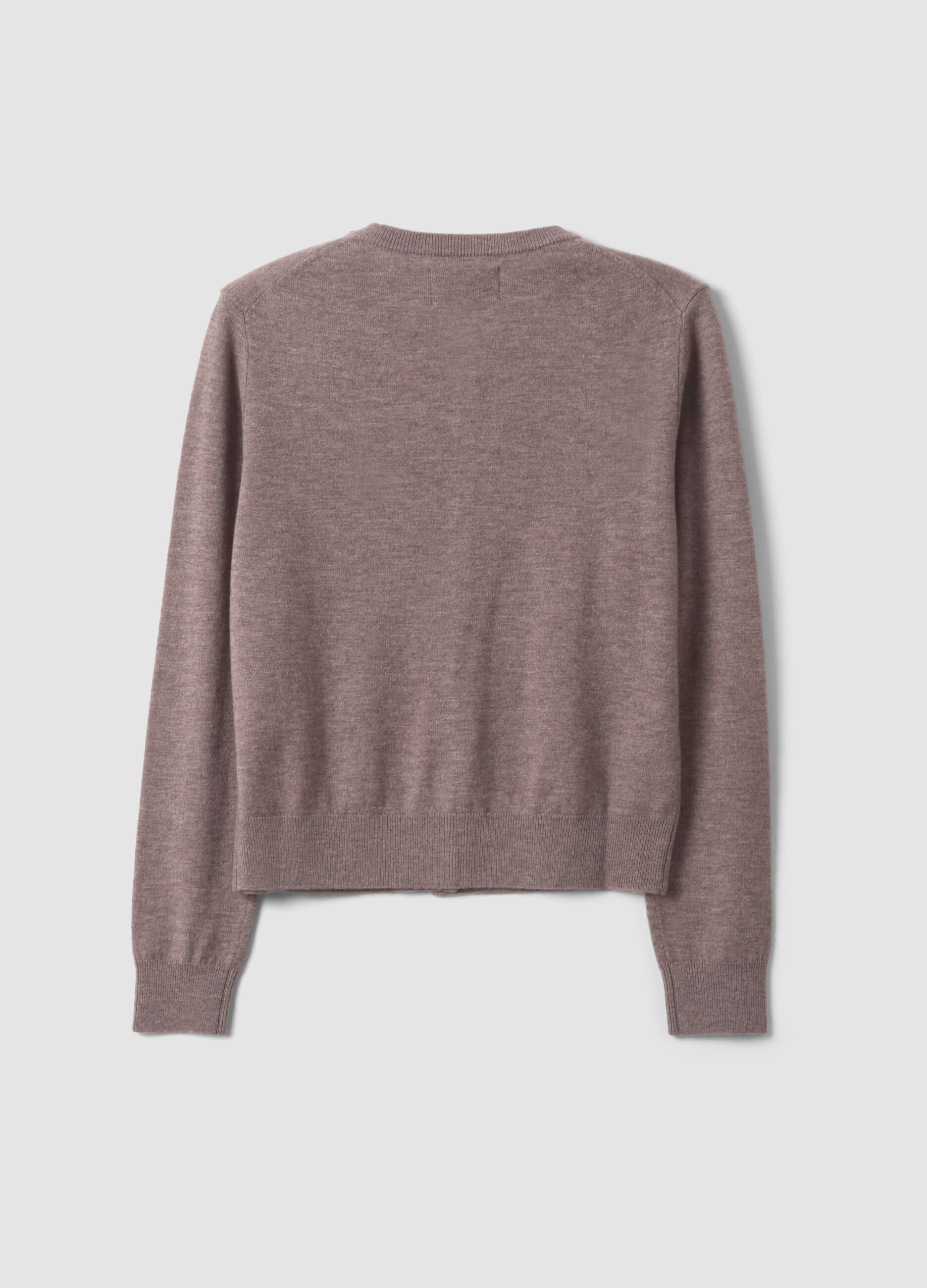 Grey pure wool crew-neck cardigan with buttons, regular fit