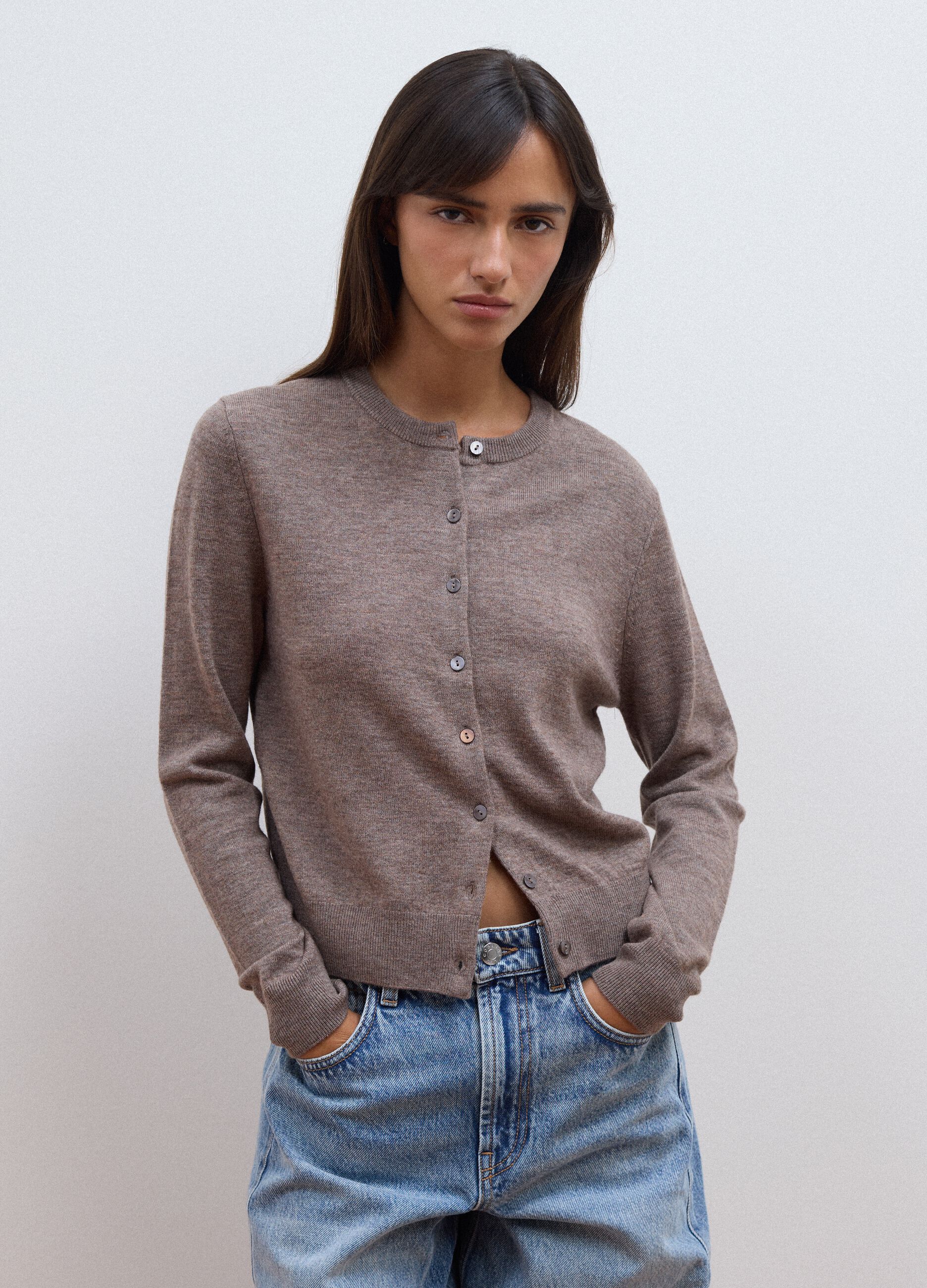 Grey pure wool crew-neck cardigan with buttons, regular fit